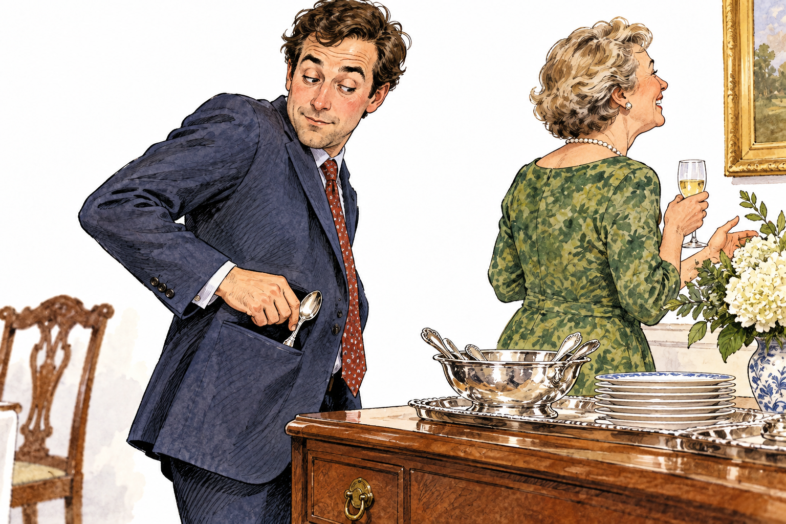 A guest secretly slips a silver spoon into coat pocket while host looks away, stealing shown critically, no writing.