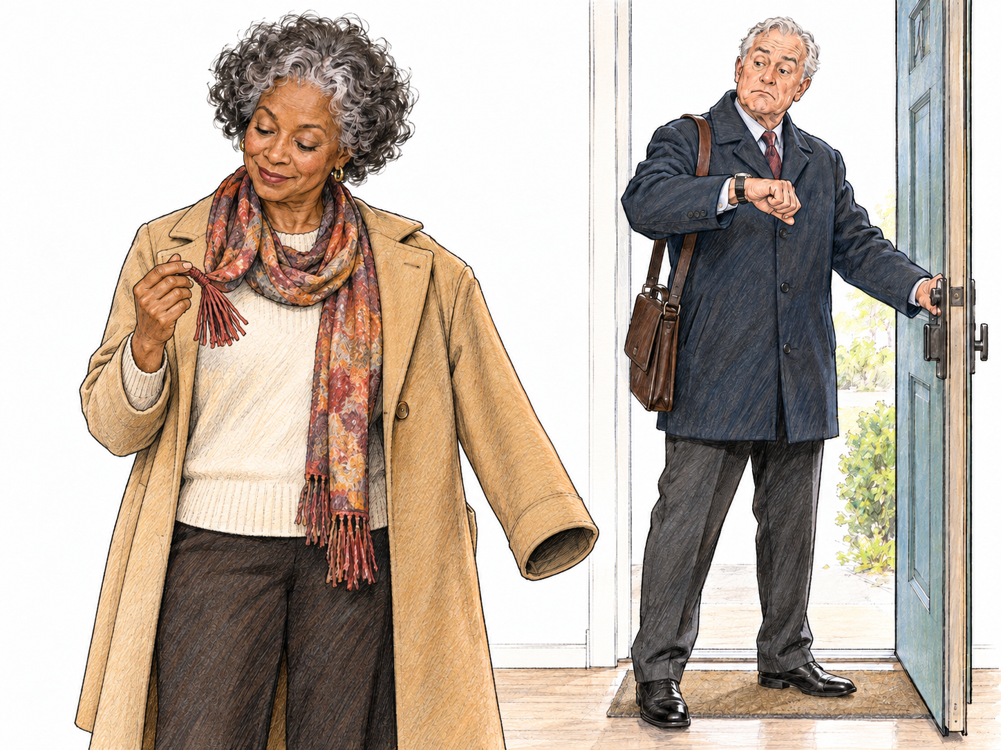 An older woman delays departure by idly playing with her scarf while her coat remains half on.
