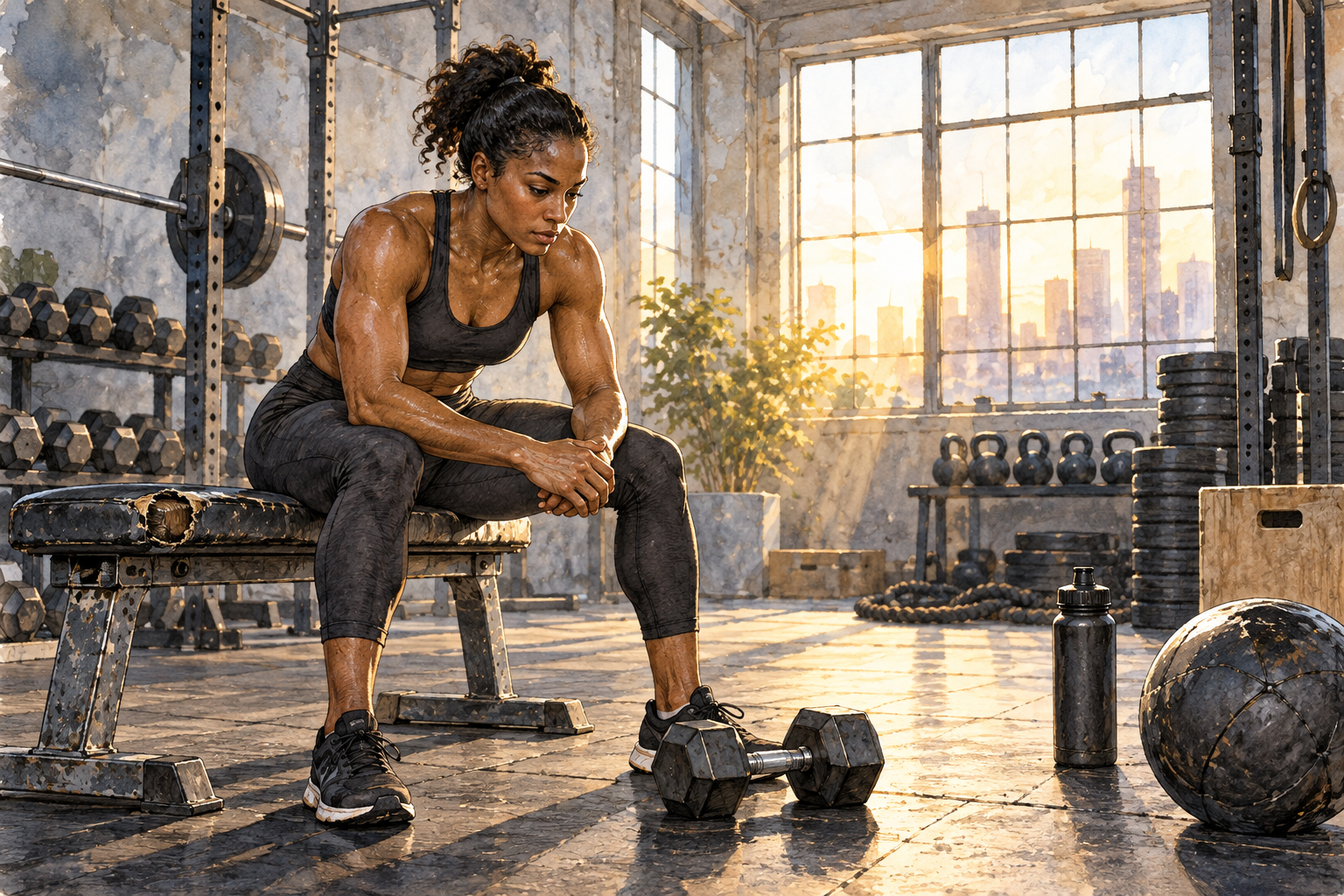 An athlete diligently practices alone in an early morning gym, worn equipment and focused expression show strong commitment.