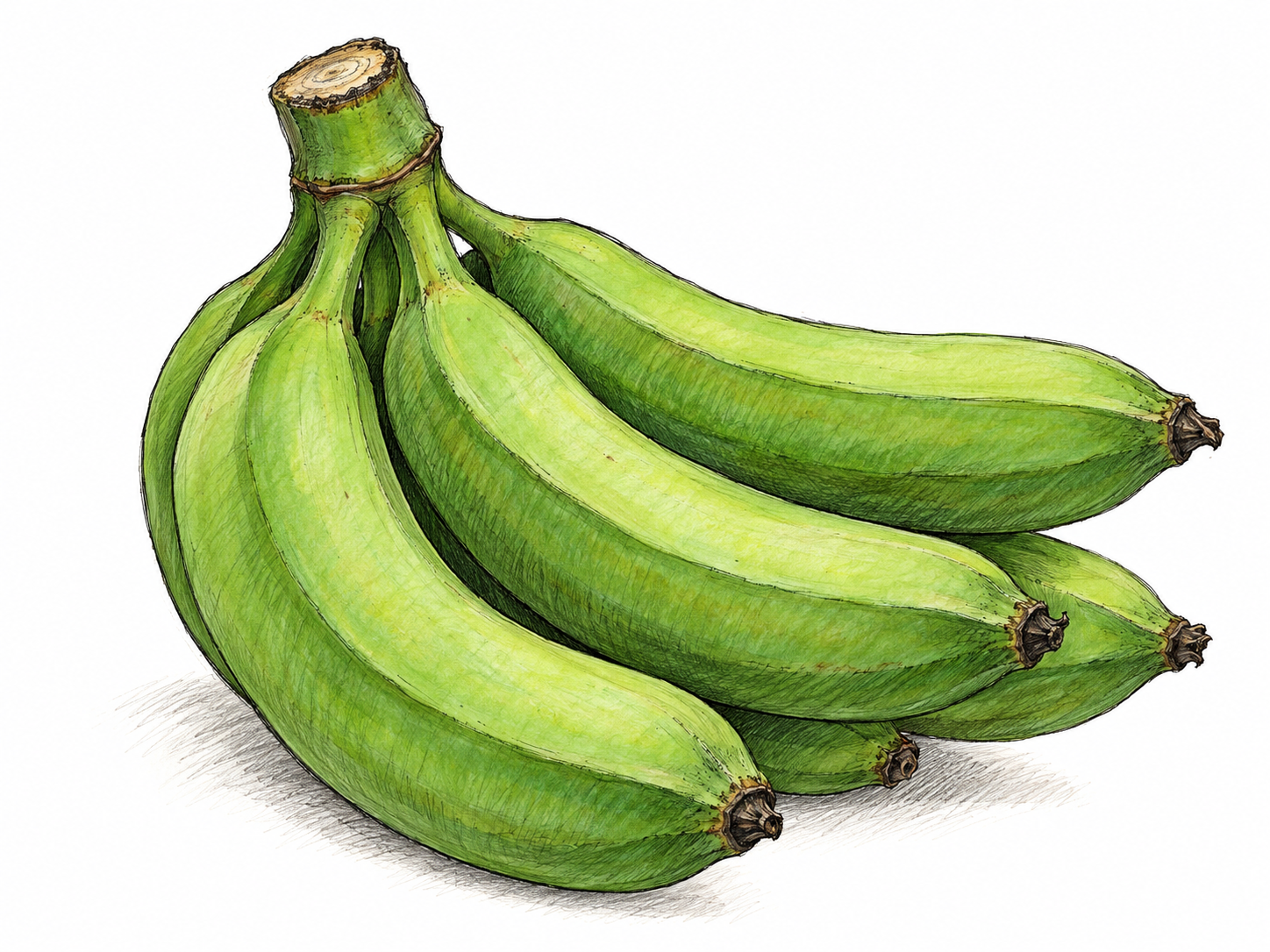 A small cluster of hard, entirely green bananas, with angular ridges and tightly closed tips, makes fruit that is not yet ready to eat immediately recognizable.