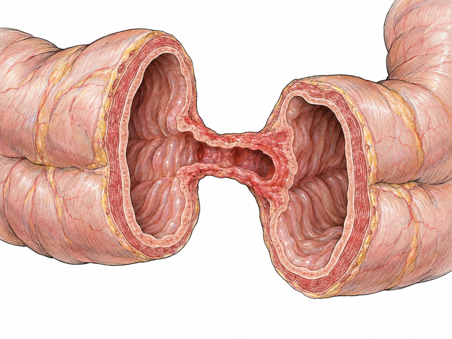 A close anatomical cutaway of two adjacent intestinal loops joined by a short, irregular abnormal tunnel, with both tunnel openings and its continuous lumen clearly visible.