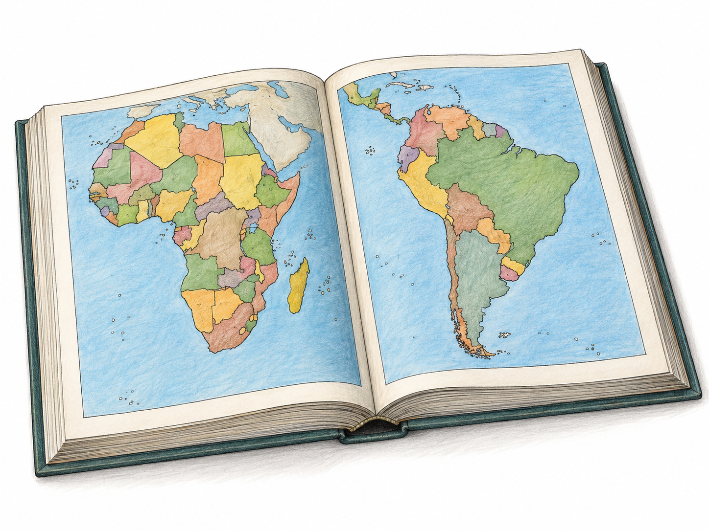 An open, substantial bound book displaying two clearly recognizable geographic maps, with visible page edges and a central binding establishing that it is a collection of maps rather than a loose map.
