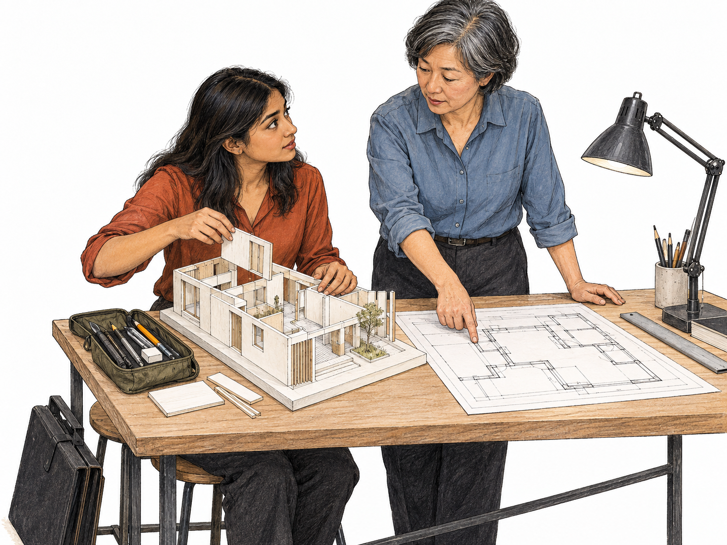 A young architecture intern gains practical experience by fitting a component into a working scale model while an experienced architect checks her work against a floor plan.