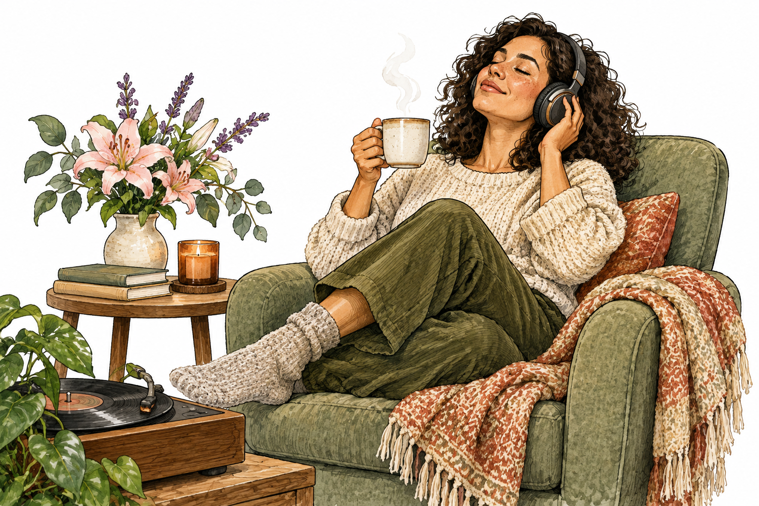 An adult relaxes in a soft chair enjoying music, warm tea and fragrant flowers, pleasure through the senses, fully clothed.