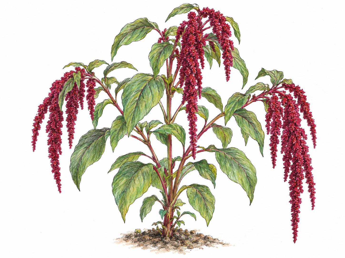 A botanically recognizable flowering amaranth plant with broad leaves and long, drooping crimson flower tassels, isolated on white.