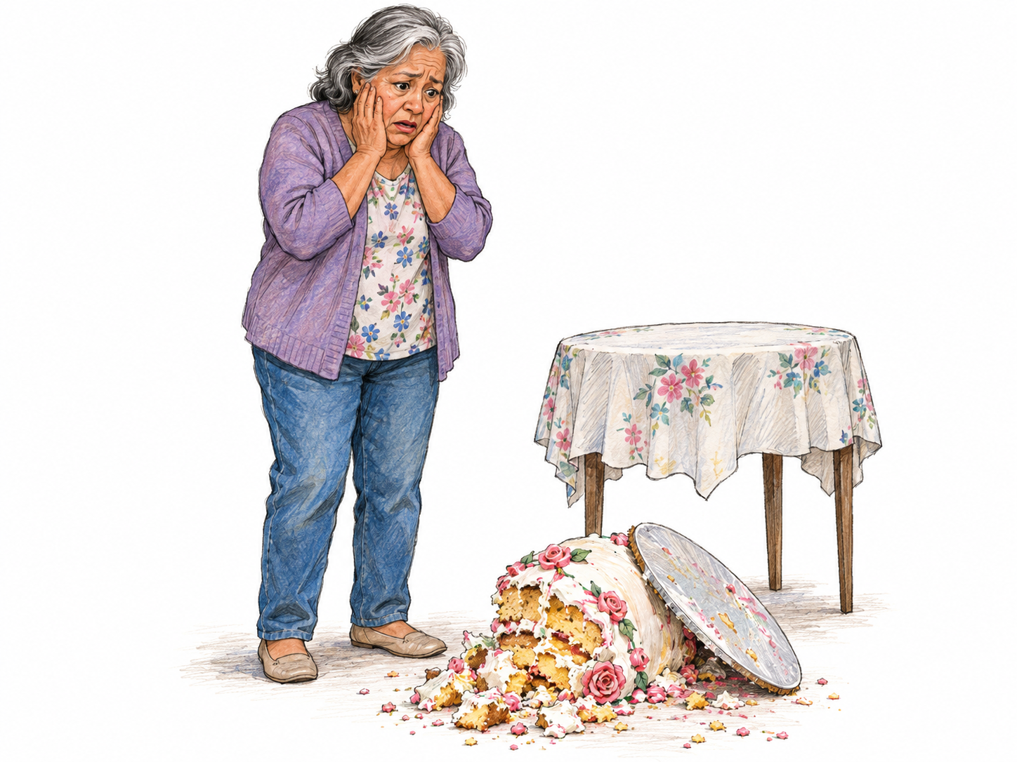 An older woman freezes in dismay beside a fallen celebration cake: her widened eyes, raised inner brows, parted lips and hands pressed to her cheeks show shocked distress as she looks down at the ruined cake.