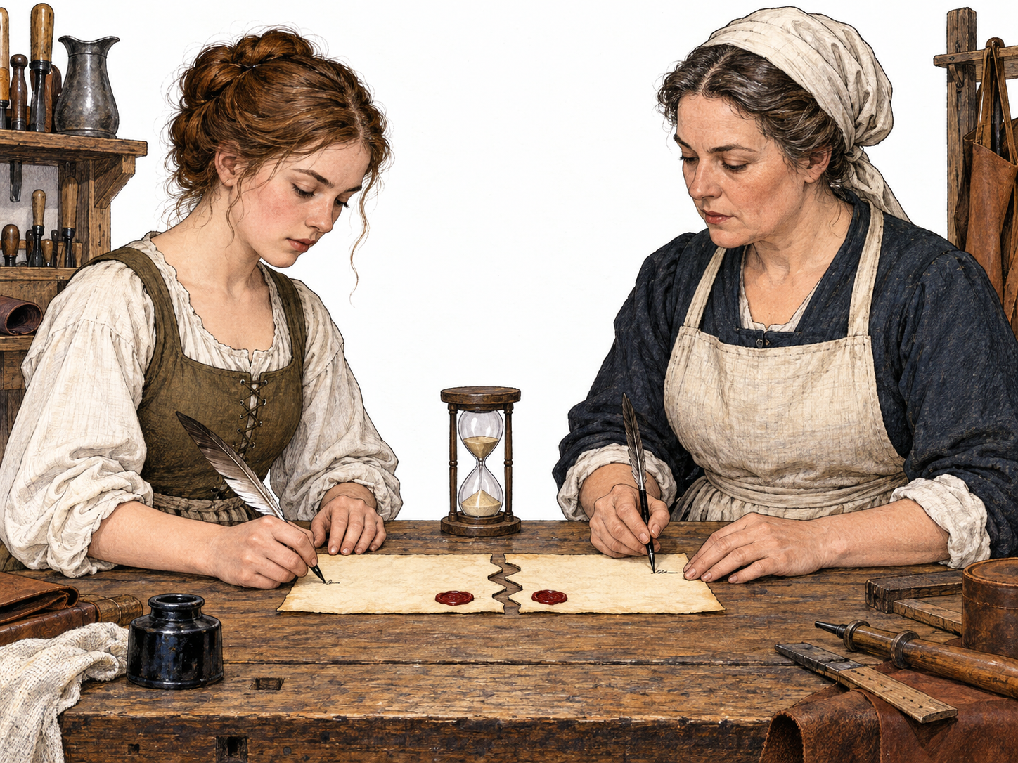 A historically plausible apprentice and master sign matching toothed parchment contract halves at a workbench, with a small sandglass denoting a set term; no happy coercion framing, no readable legal prose.