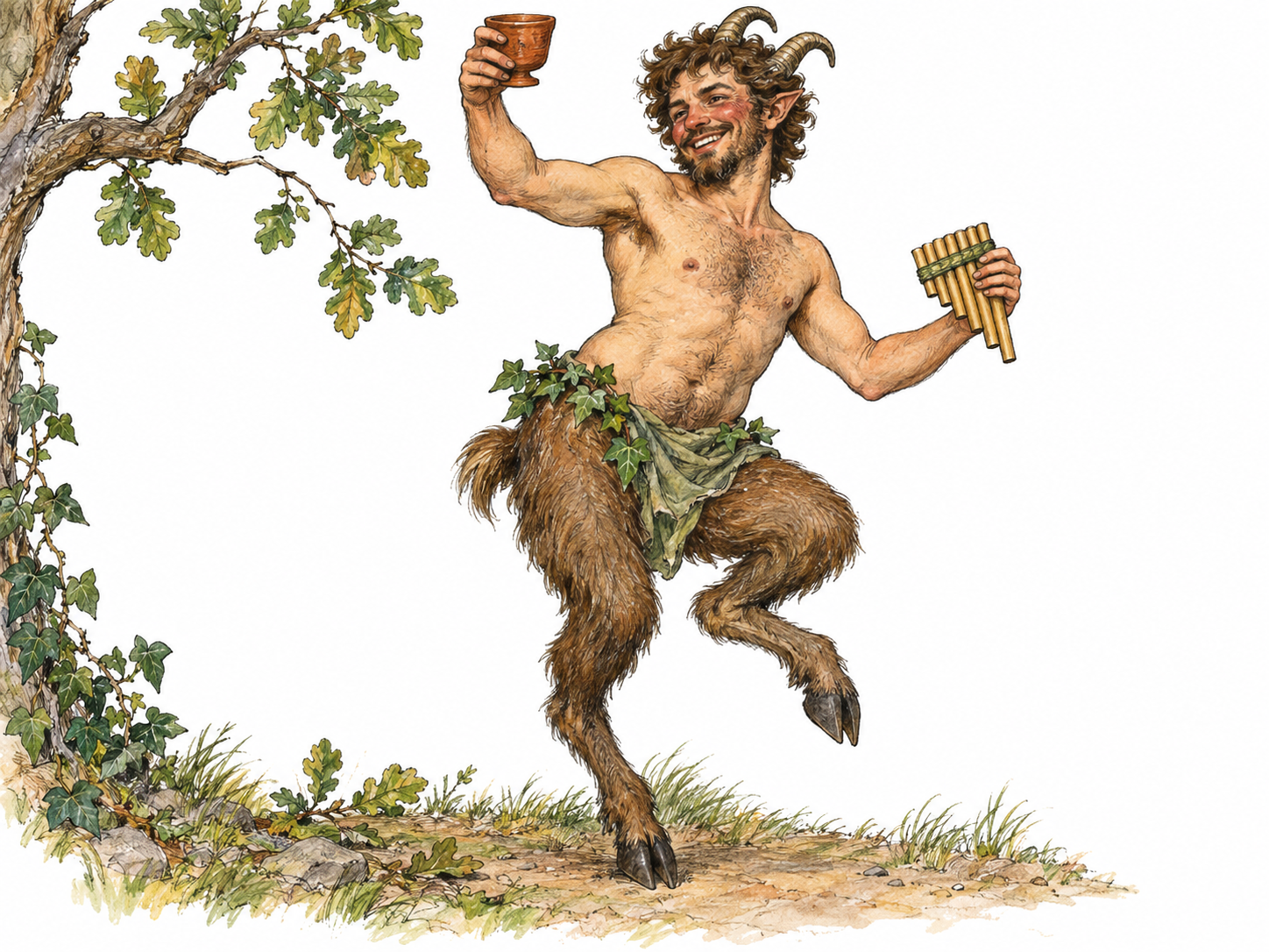 An adult male satyr dances exuberantly in a small woodland clearing, raising a wine cup and carrying panpipes.