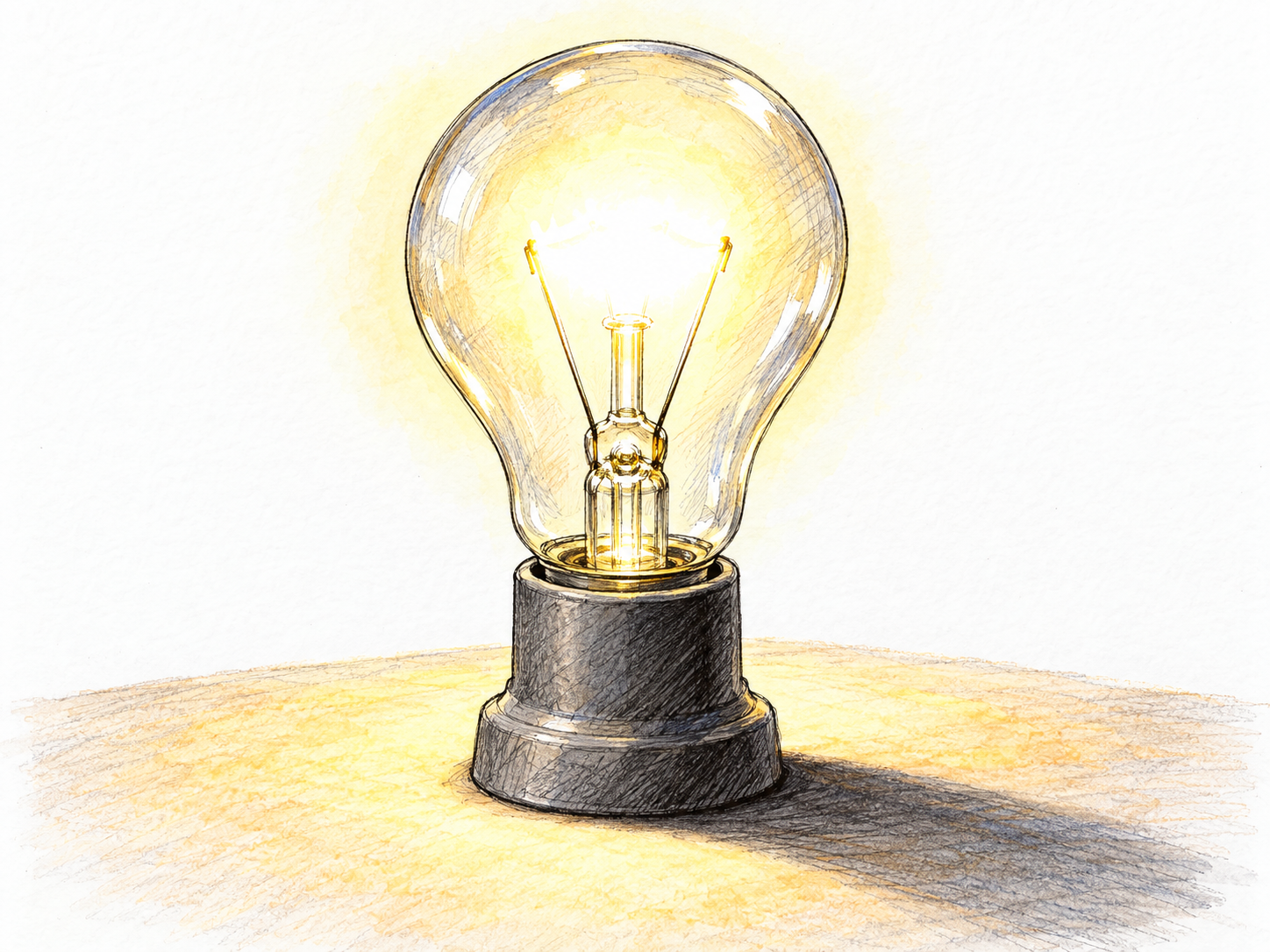 A switched-on bare light bulb shines intensely, its luminous center and strong pool of light contrasting with the shaded base and nearby cast shadow.
