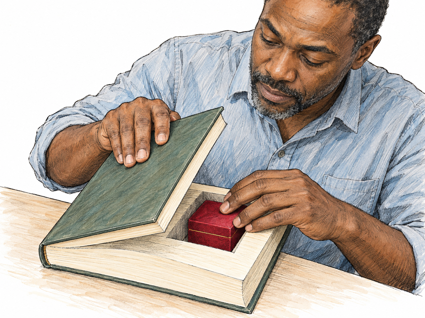 A man conceals a small jewelry box inside a hollow book, lowering its cover so that the hidden compartment and partly obscured box remain visible.