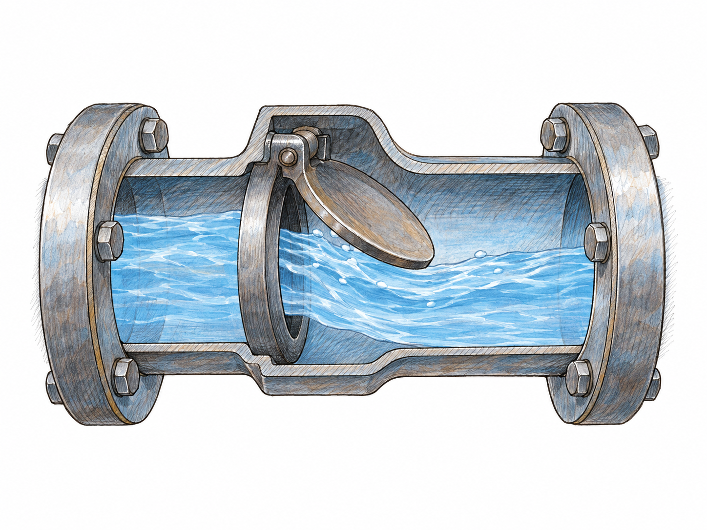 An isolated cutaway of a simple hinged flap valve in a short water pipe, showing the flap partly open as water passes through the narrow opening.