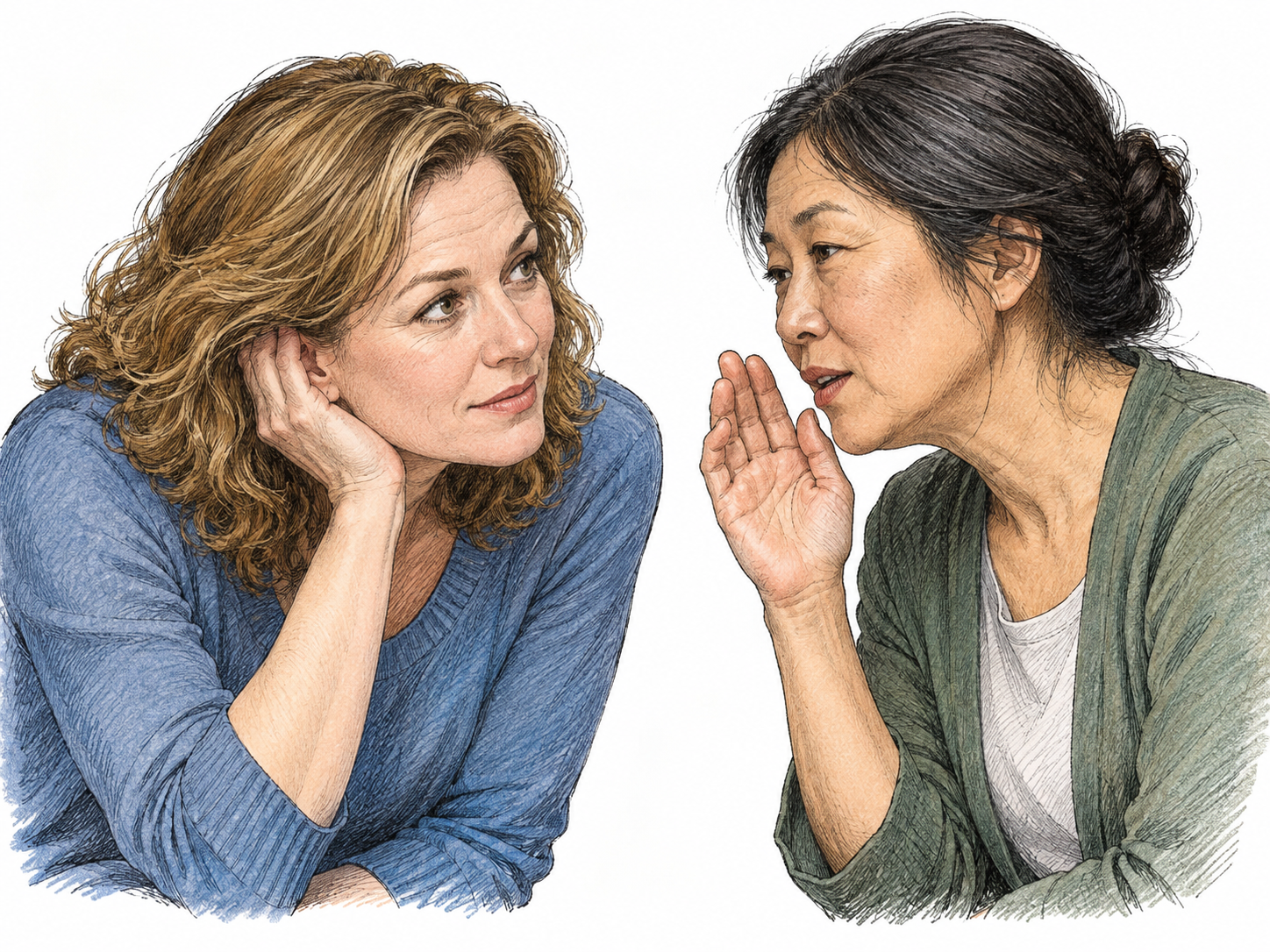 An adult leans forward and listens carefully to another adult speaking quietly, making attentive hearkening explicit; two natural faces on white, no dialogue.