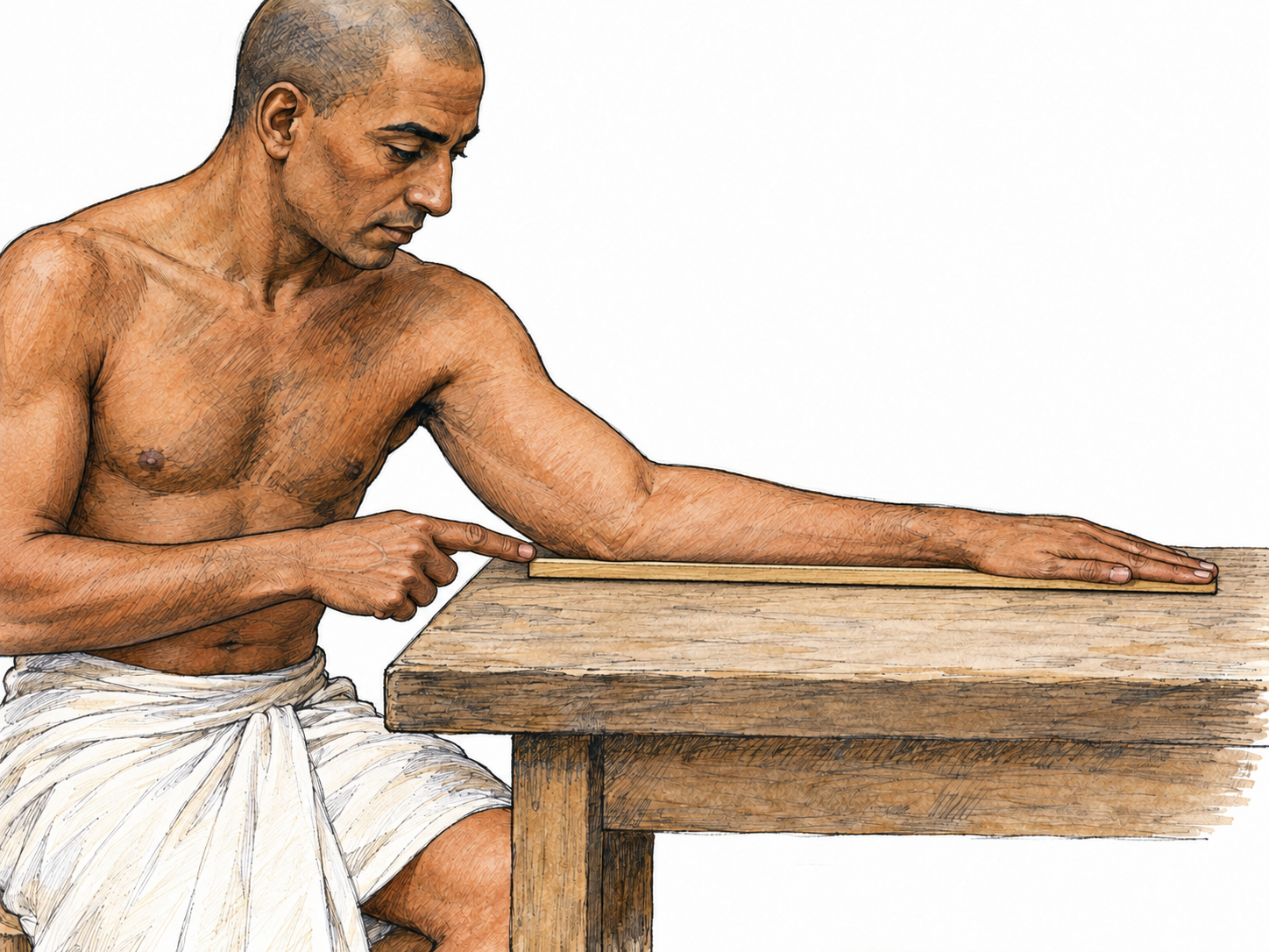 An ancient craftsperson compares a plain measuring rod directly with the distance from the elbow to the tip of the middle finger, making the forearm-based unit visible.