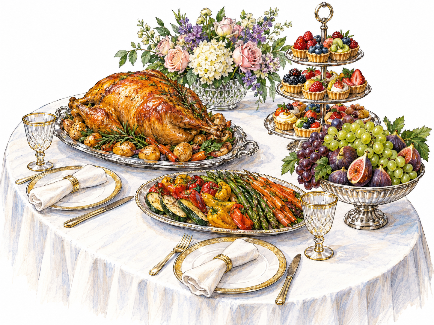 A lavish banquet spread: an elegant table overflowing with sumptuous food, polished serving pieces, and a generous floral centerpiece.