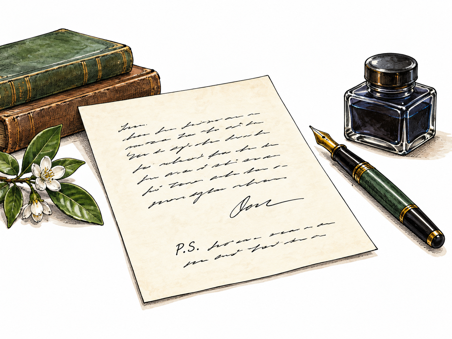 A handwritten letter on a desk has a separated small final note introduced only by P.S., main letter rendered as short nonlegible pen strokes; appended note visibly after the signature area.