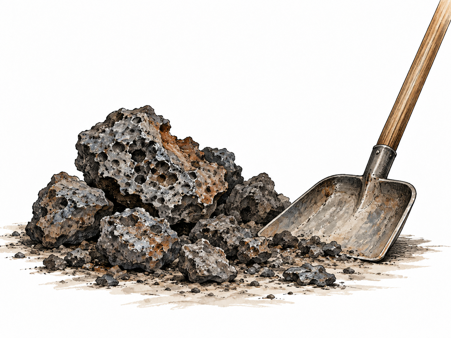 Dark porous chunks of cooled slag beside a steelworkers tool, no lava fantasy.