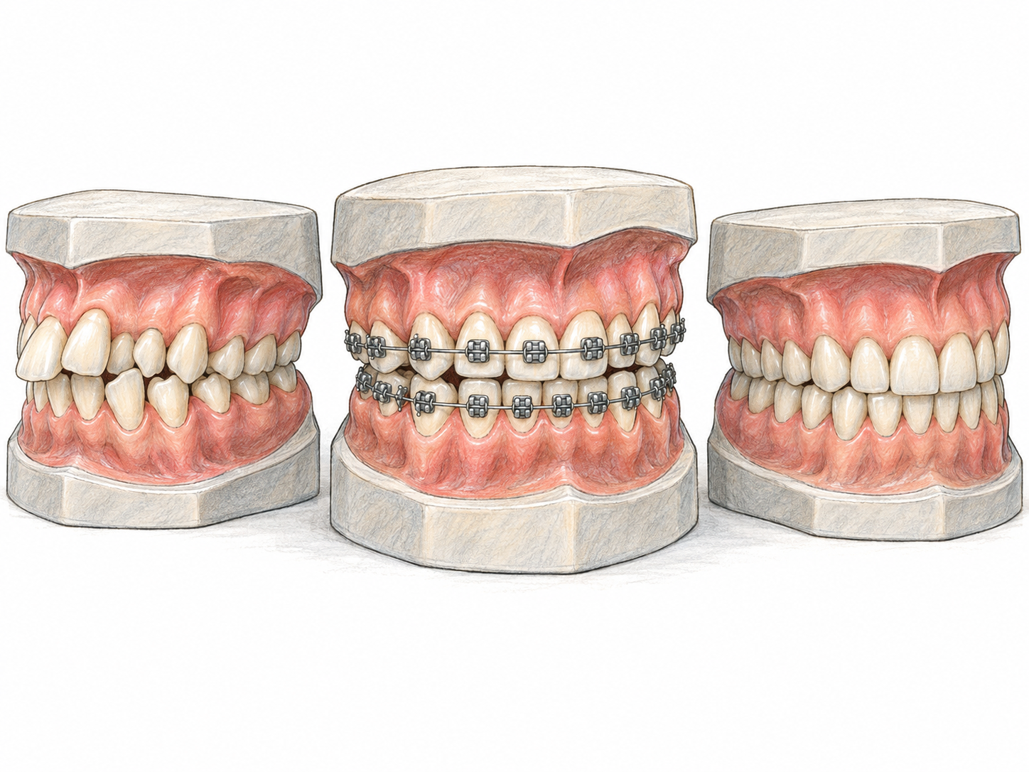 A compact comparison of three realistic orthodontic teaching models shows crowded teeth, braces correcting their position, and aligned teeth with a corrected bite.