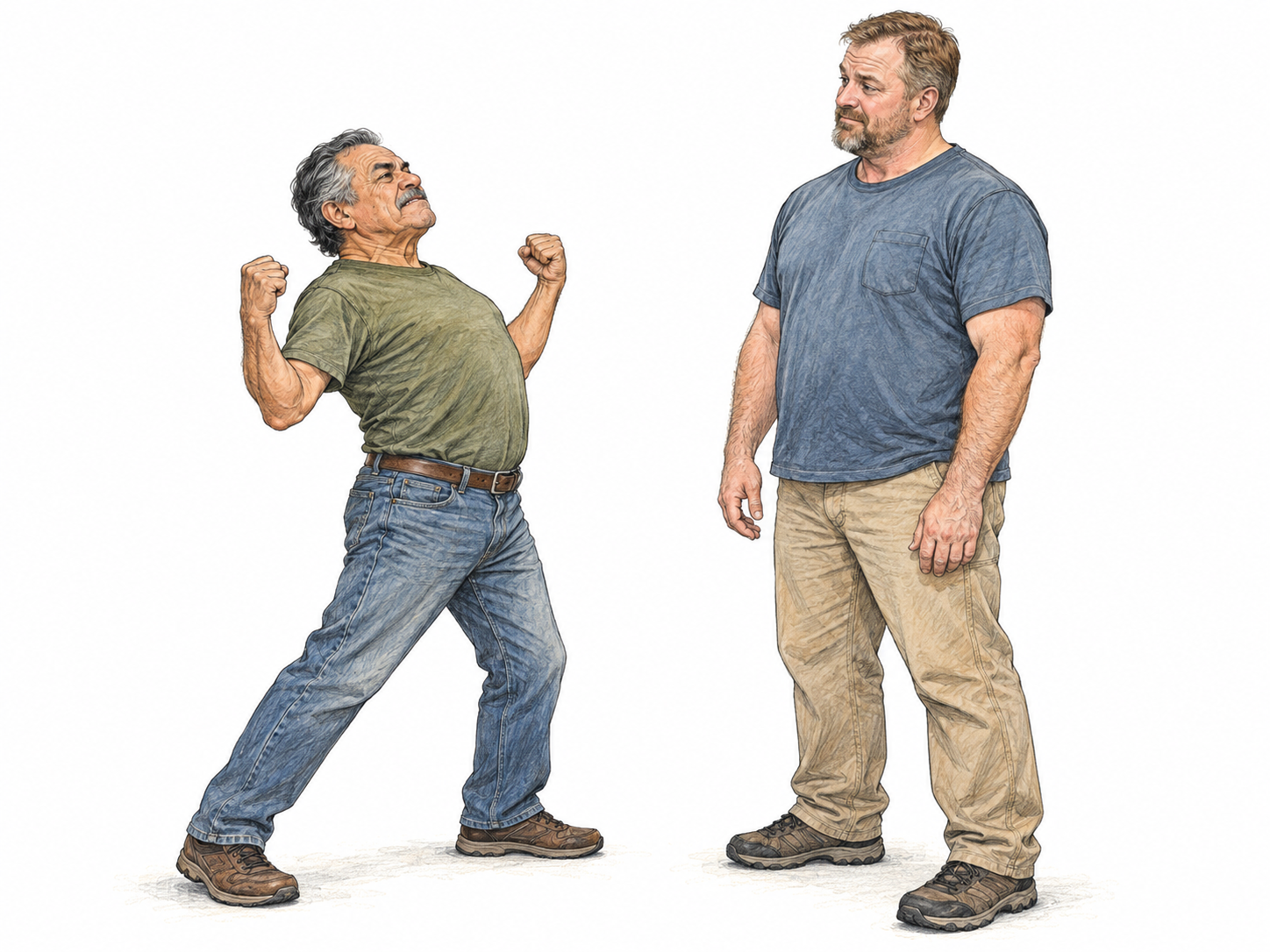 An older man makes an exaggerated chest-out, fists-up display toward a much larger, unimpressed man, while his backward-braced legs and strained expression betray the swagger.