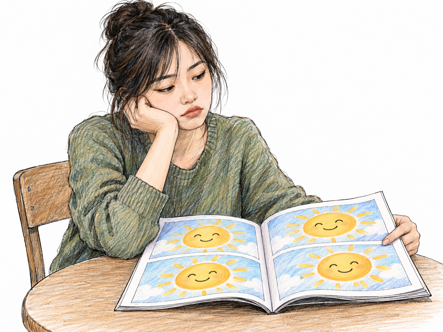 A young adult East Asian woman looks unimpressed by a magazine whose open spread repeats the same shallow, cheerful image in several oversized panels, suggesting empty intellectual fare rather than literal food.