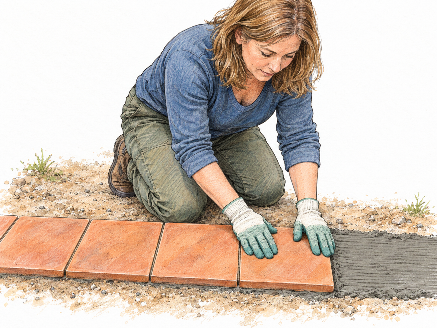 A worker extends an already established straight terracotta tile border by pressing the next matching tile into the prepared mortar directly at its open end.
