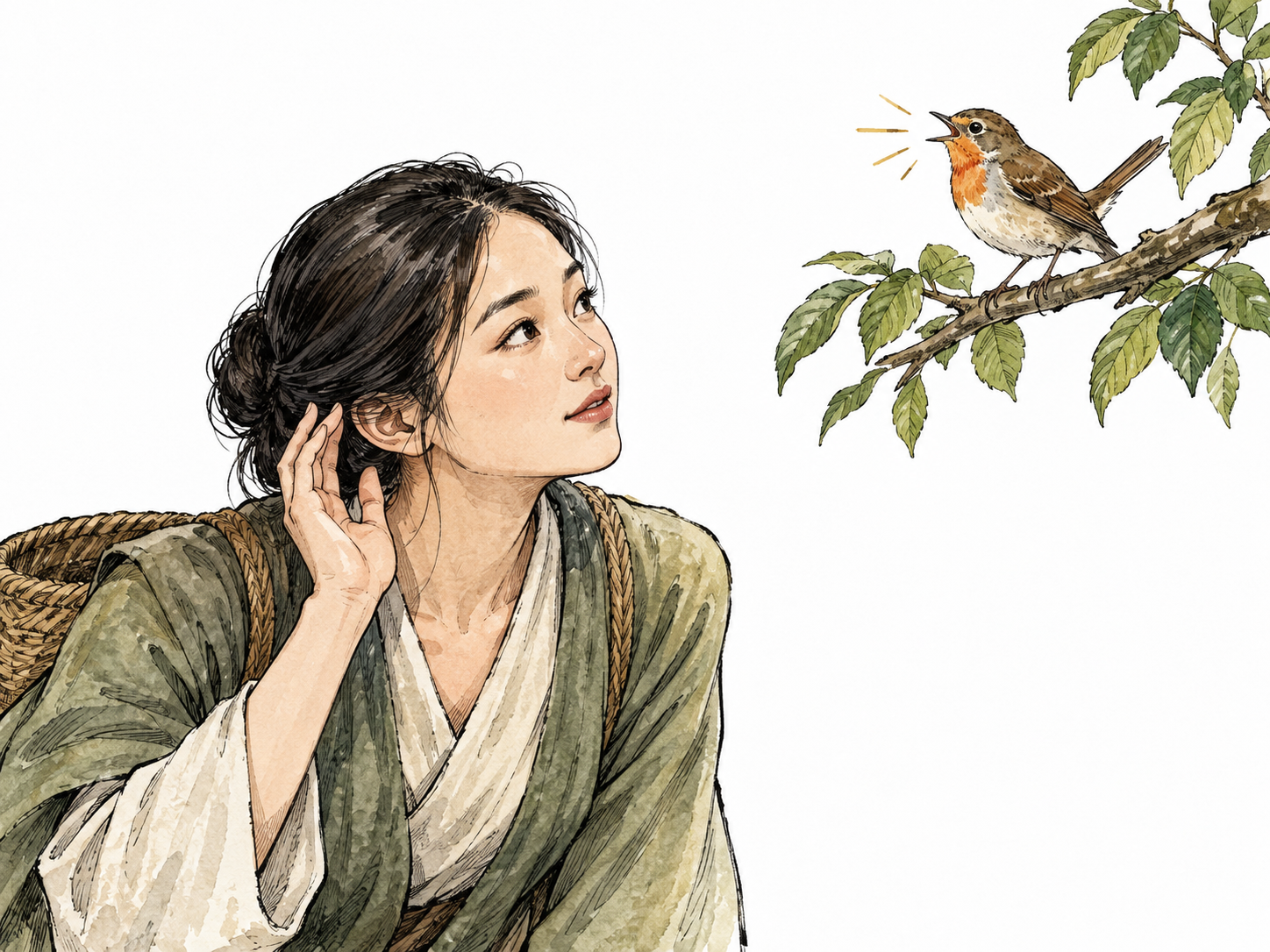 An East Asian woman turns toward a small bird singing on a nearby branch, attentive eyes and posture.