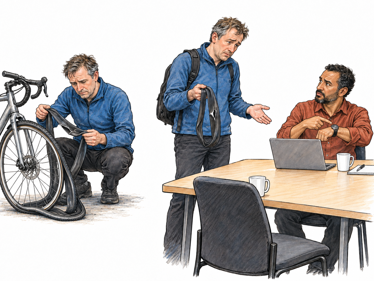A compact two-stage scene shows a bicycle breakdown followed by the late rider offering the damaged inner tube as his excuse to a colleague waiting for their meeting.
