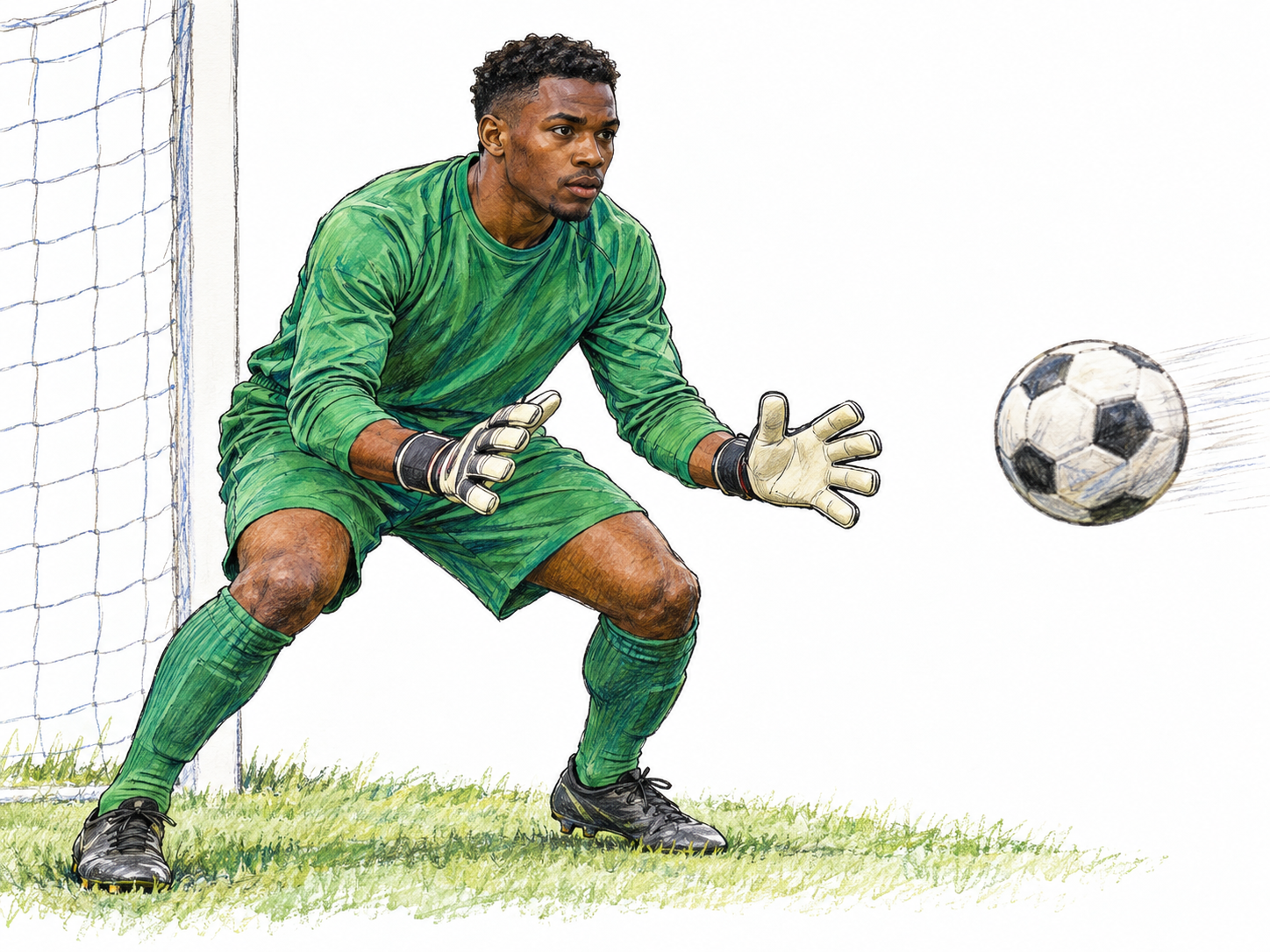 A goalkeeper watches an approaching soccer ball intently, balanced on bent knees with open gloved hands ready to intercept it.