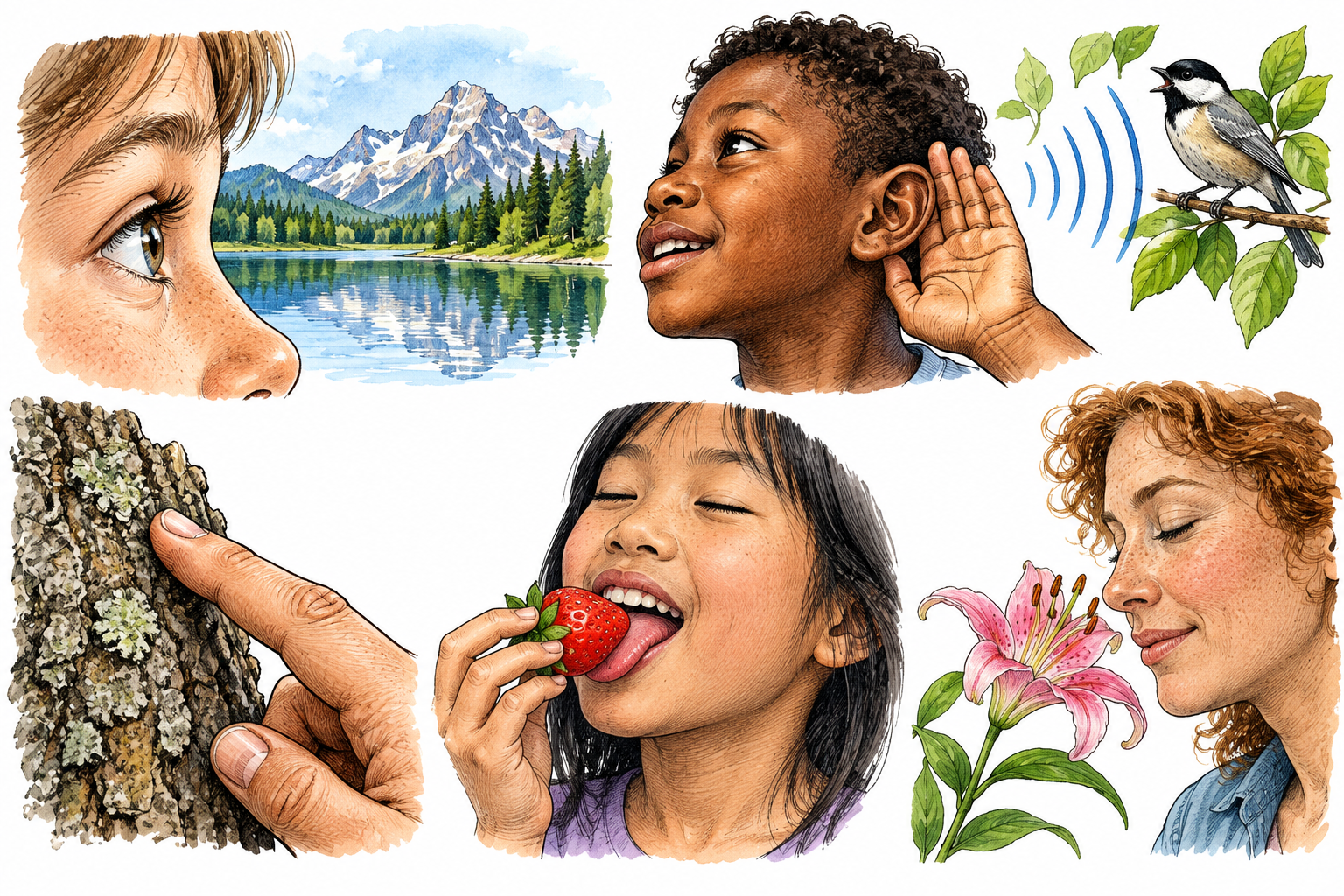 Five small coherent vignettes show an eye, ear, fingertip, tongue tasting fruit, and nose smelling a flower; five senses.