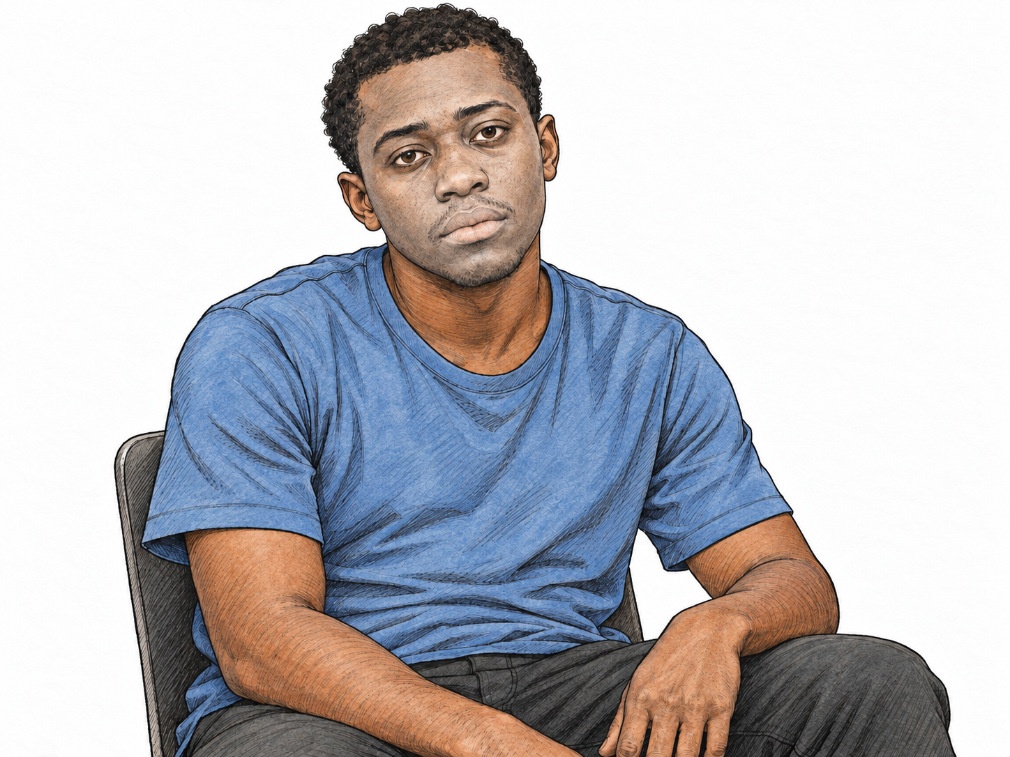 A close view of a seated young Black man whose unusually ashen face and pale lips contrast with the warmer brown skin of his neck and forearms; his slightly slumped posture and tired expression reinforce that this is abnormal paleness rather than his natural complexion.