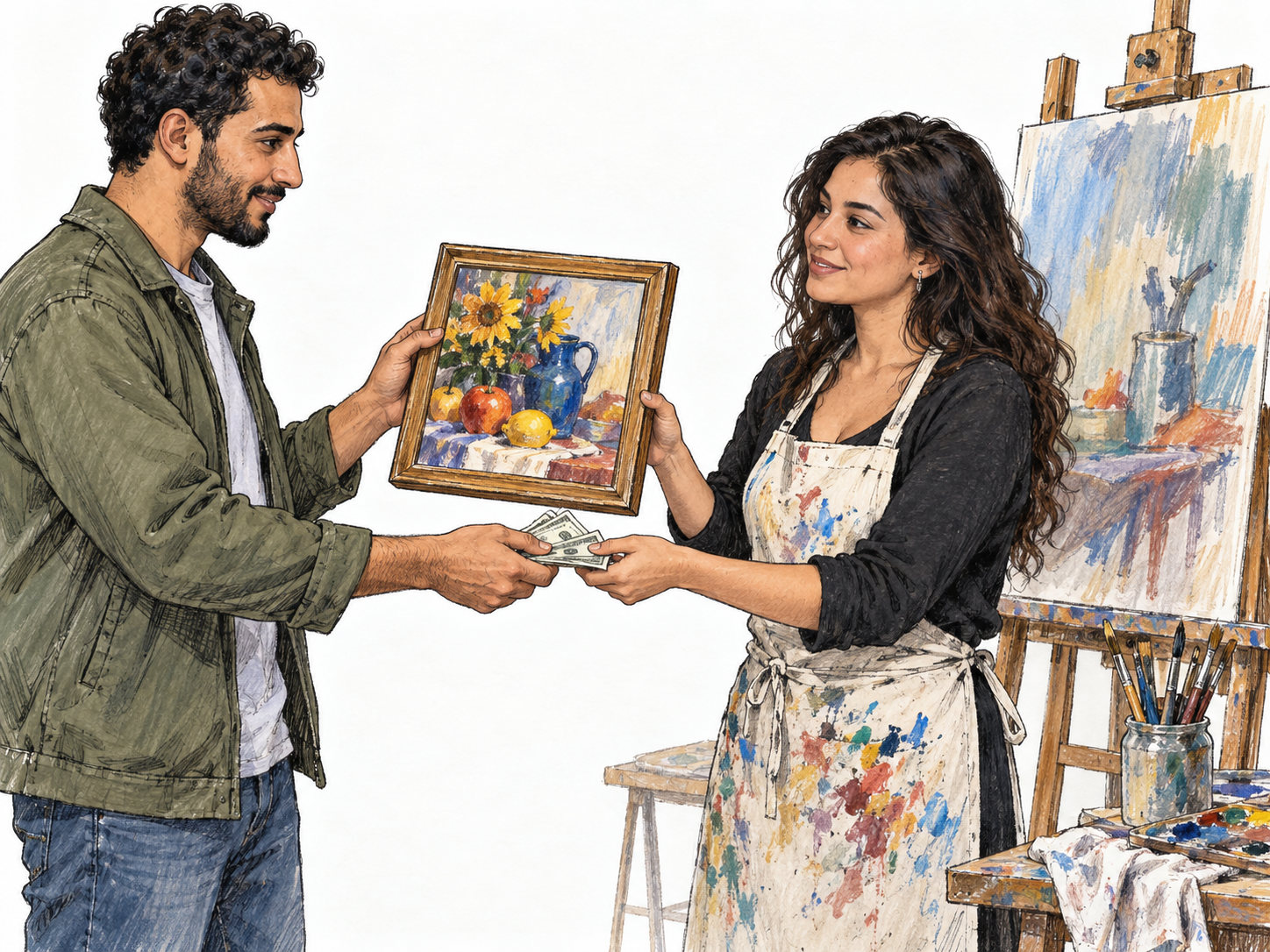 A patron supports a working artist by purchasing one of her paintings directly from her studio.