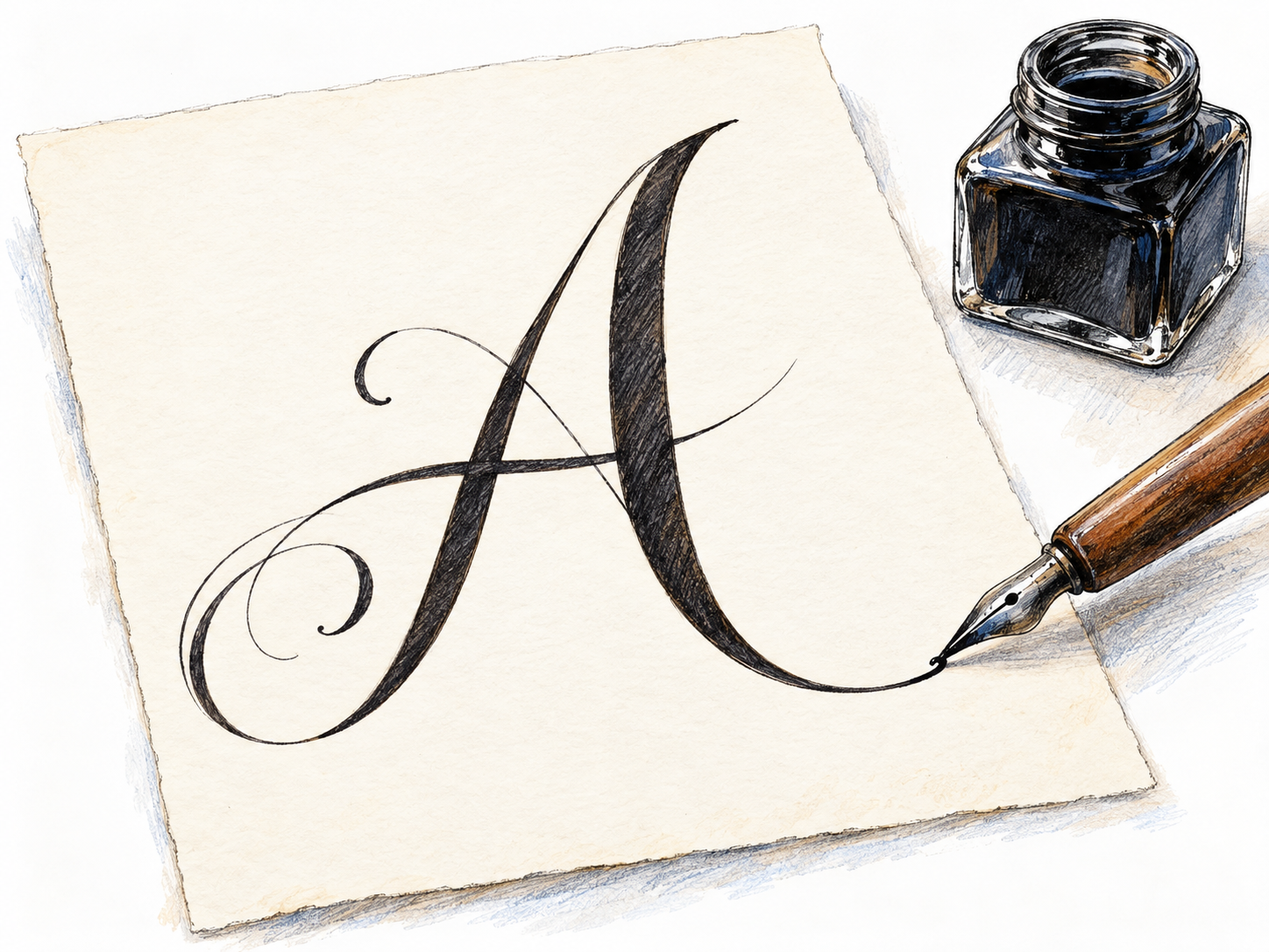 A close-up of a dip pen finishing a large, elegant capital A on cream-white paper, with visibly contrasting thick downstrokes, fine hairlines and controlled flourishes.