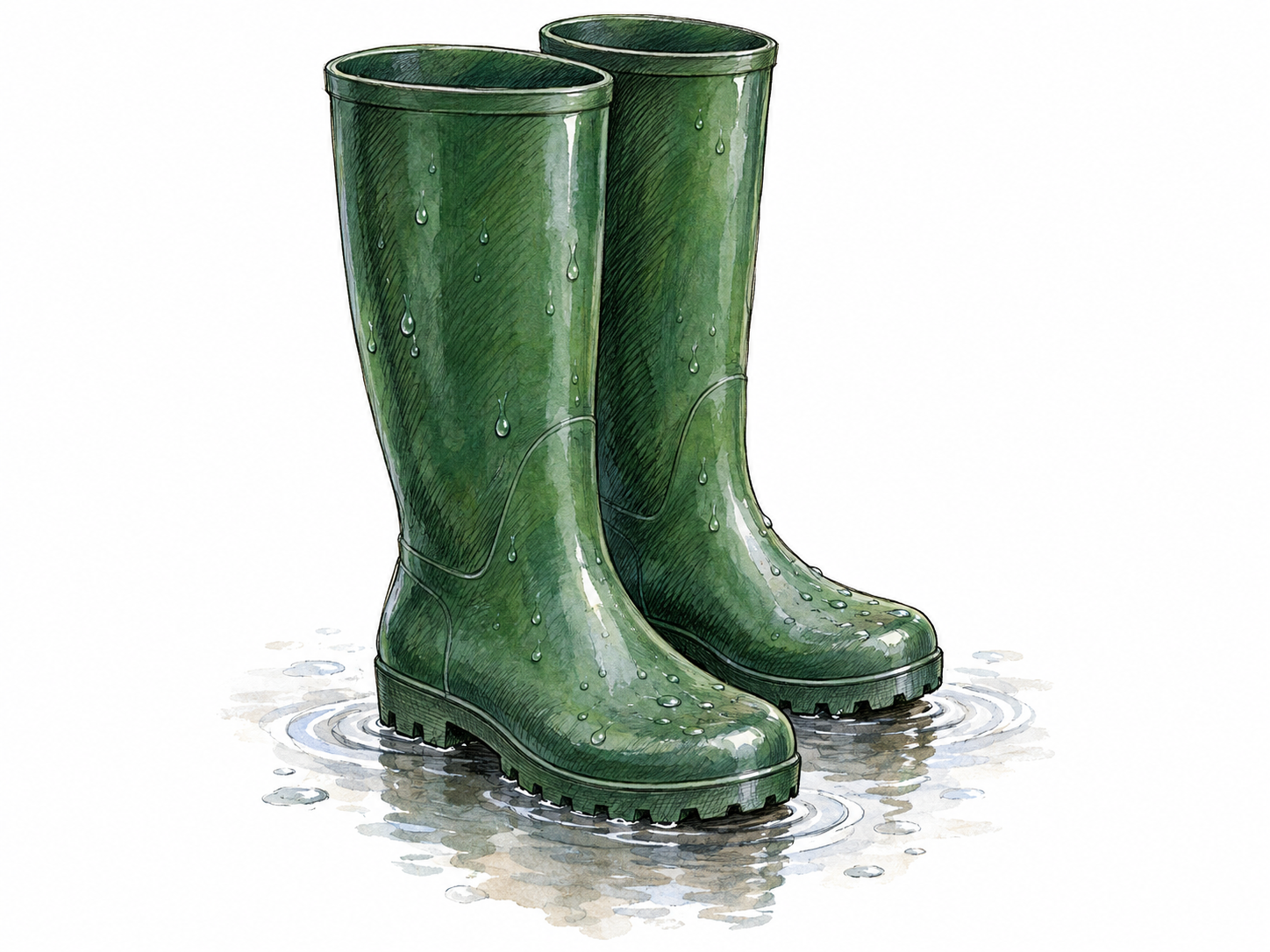 A pair of tall waterproof rubber boots standing in a shallow puddle, with unmistakable molded rubber construction, high shafts and treaded soles.