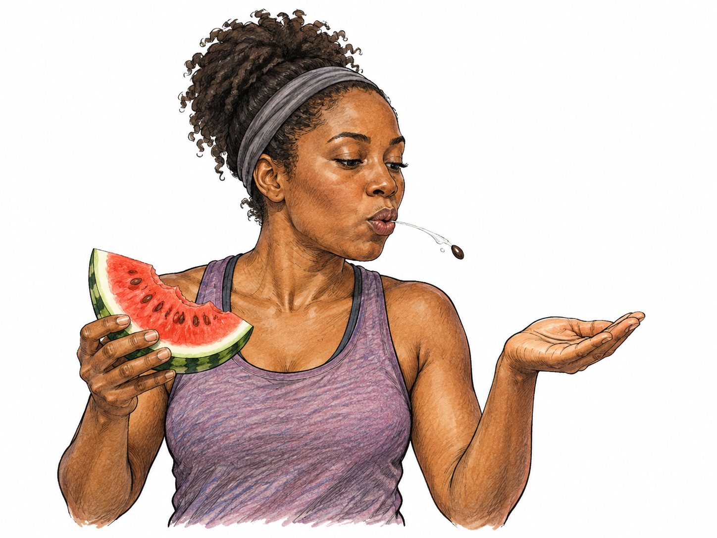 An adult jogger discreetly spits a small seed from mouth into a palm after biting watermelon, small visible expelled seed and droplet establish action.