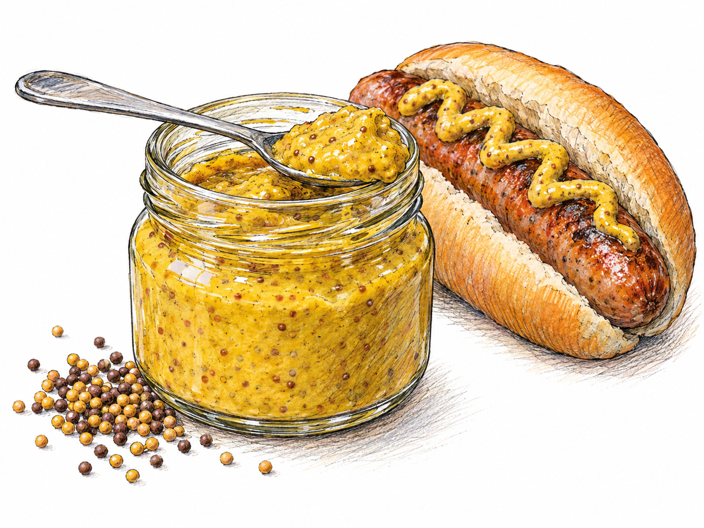 A small open jar of golden-yellow mustard, with a spoonful showing its thick, slightly grainy texture, beside a few yellow and brown mustard seeds.