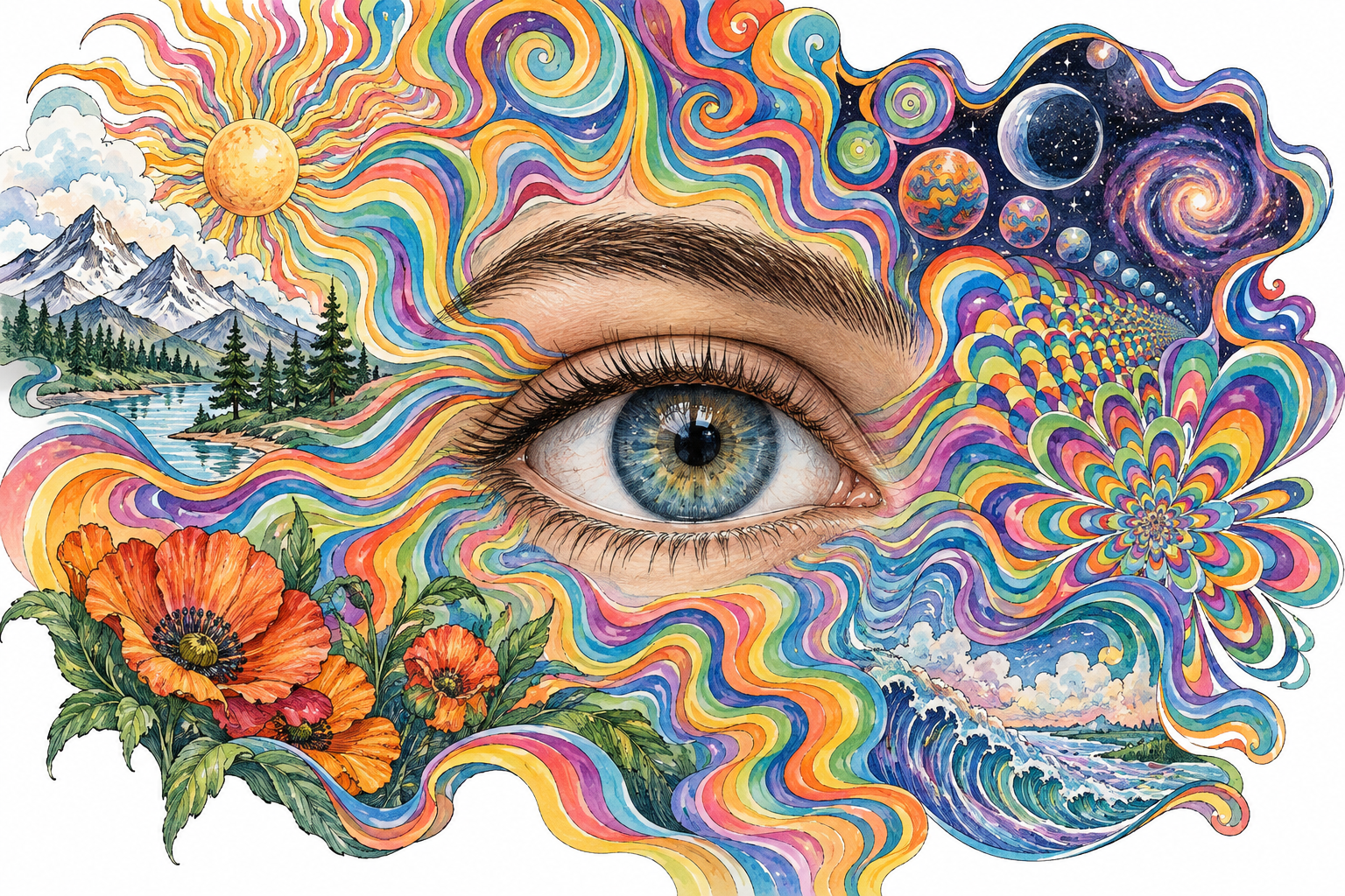 Intensely vivid flowing multicolored repeating patterns around a neutral eye, psychedelic visual style without drug use.