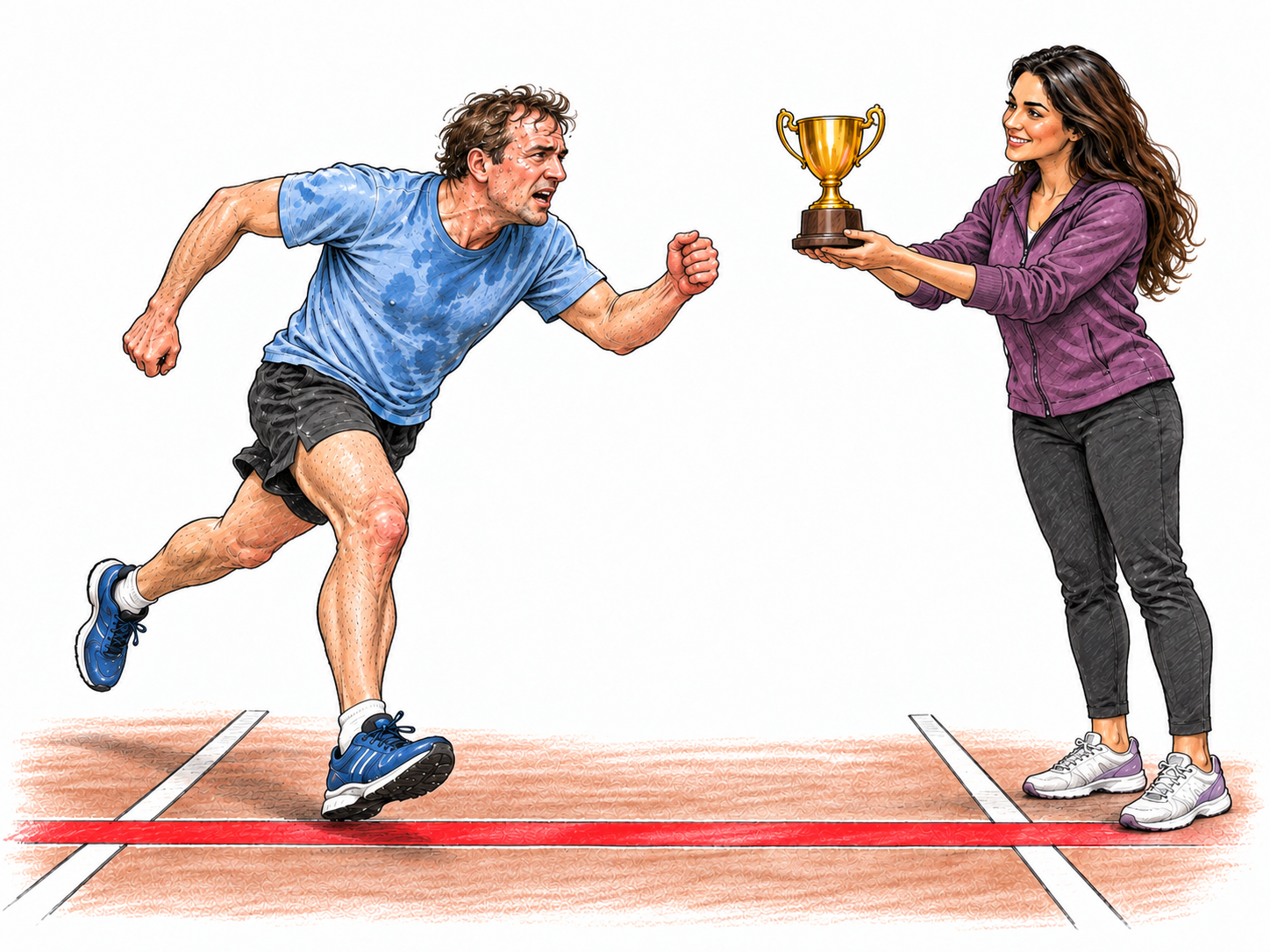 A prominently offered trophy serves as a visible incentive for a tired runner to make a final, strenuous push toward the finish.