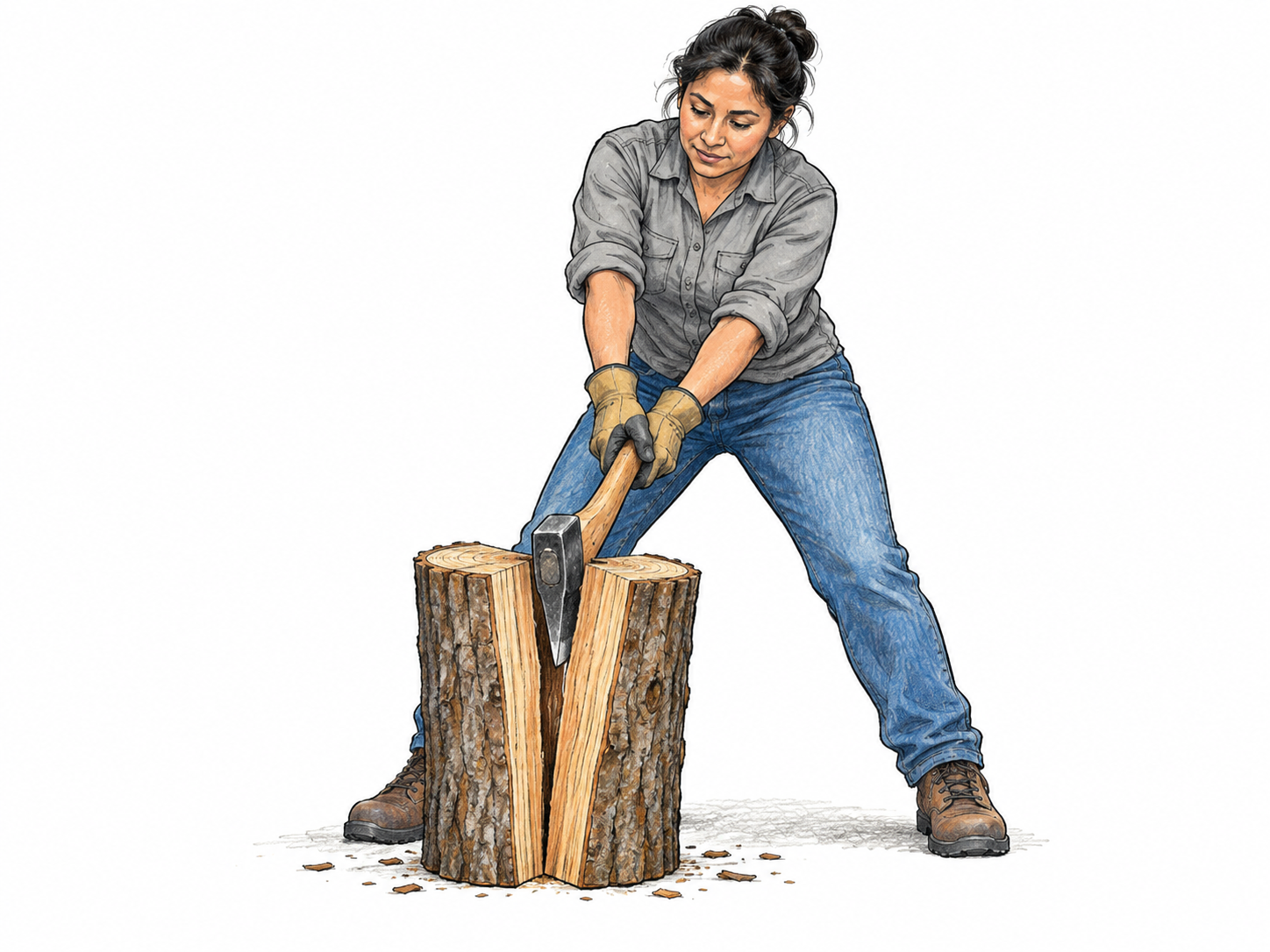 Woodworker splits a short upright log with a splitting axe lodged in central crack, halves visibly separate, safe stable stance and hands on handle, no flying dangerous debris, white ground.