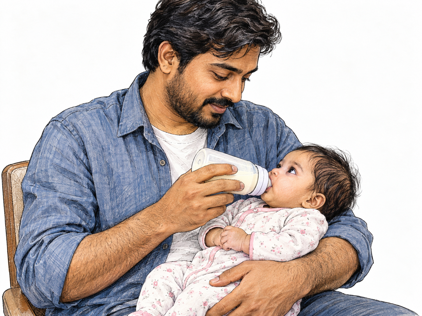 A father tenderly cradles his infant against his chest while feeding the baby with a bottle, making fatherly care the unmistakable focus.