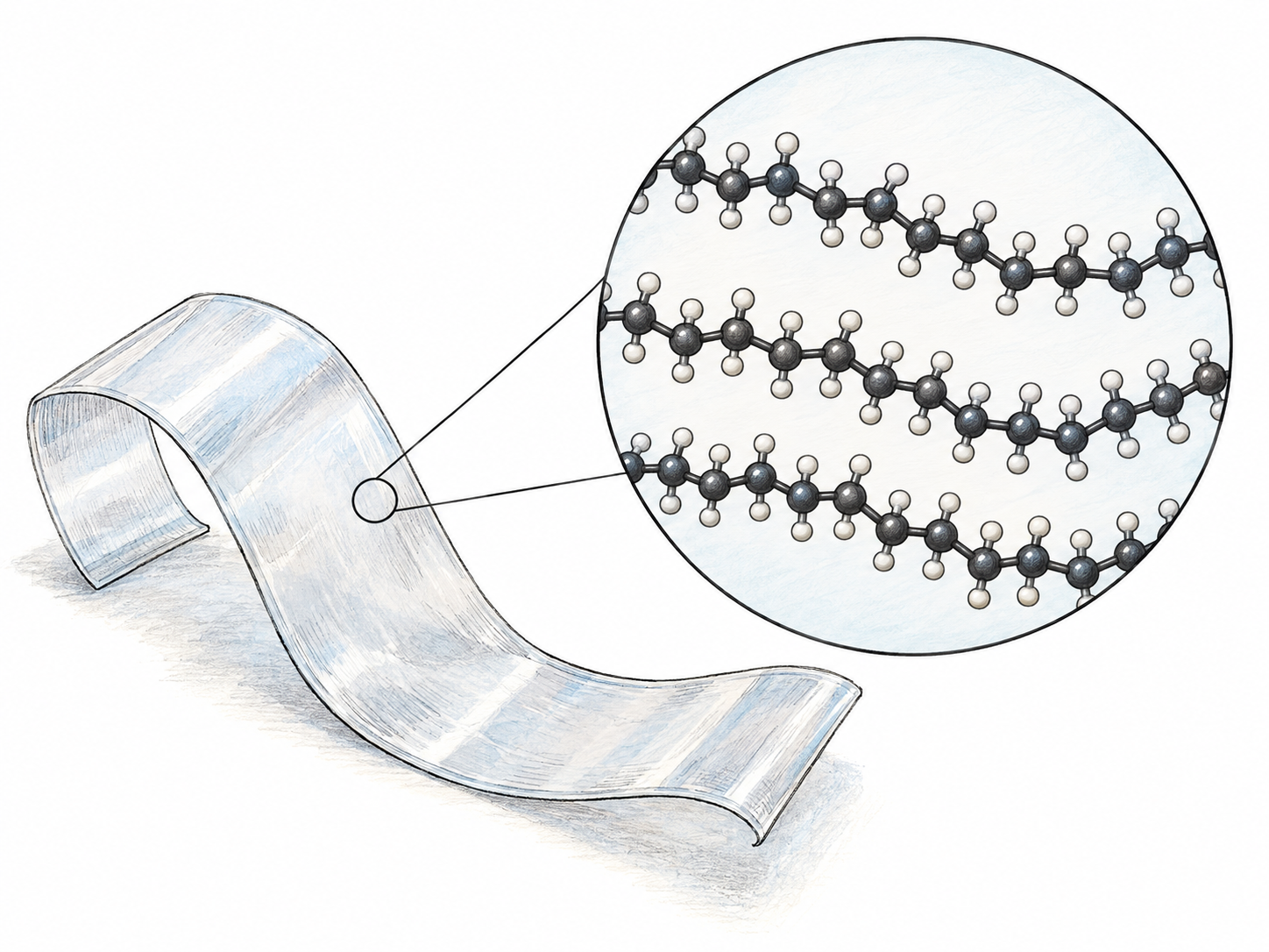 A plain translucent plastic strip with a connected magnified cutaway revealing several long molecular chains, each composed of the same repeating structural unit.