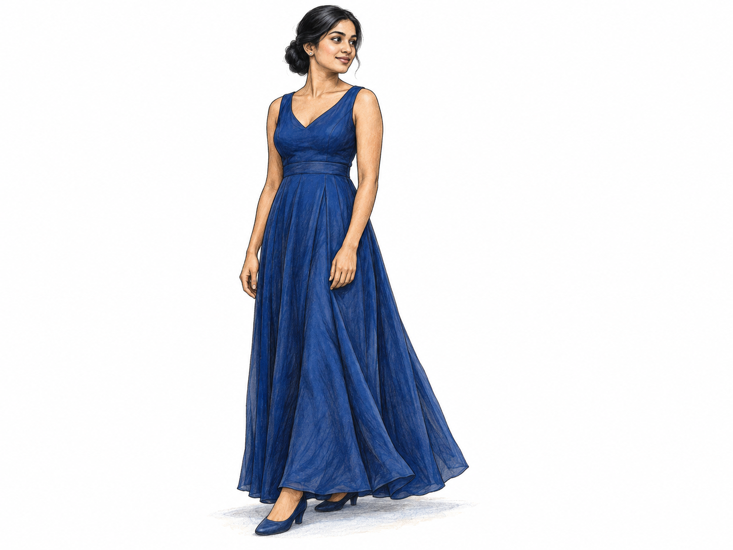 A young woman in a simply cut evening dress stands with relaxed, graceful poise; the dress’s flowing silhouette, restrained accessories, and balanced posture convey elegance without ostentation.