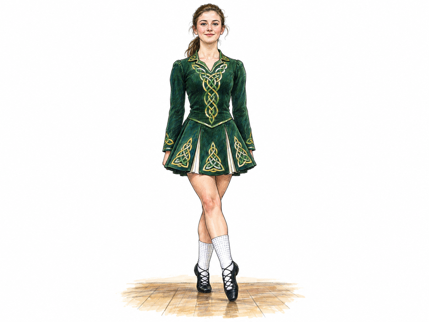 A young Irish woman performing Irish stepdance, with recognizable dance posture and an embroidered Irish dance dress providing concrete cultural context.