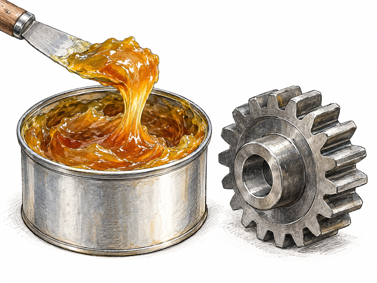 Small open tin of thick amber machine grease with a spatula lifting a viscous dollop beside a plain metal gear, no words or brand.