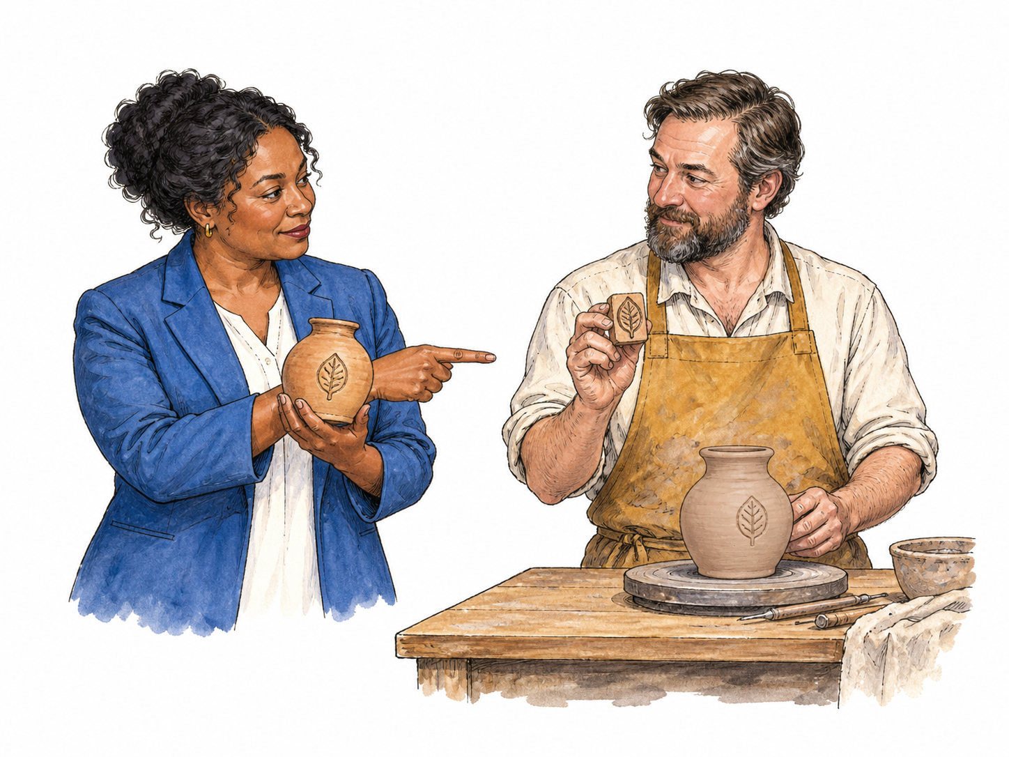 An art curator identifies the maker of a small clay vase by matching its distinctive leaf-shaped stamped mark to the same leaf stamp in a potter’s hand beside an unfinished matching vase.