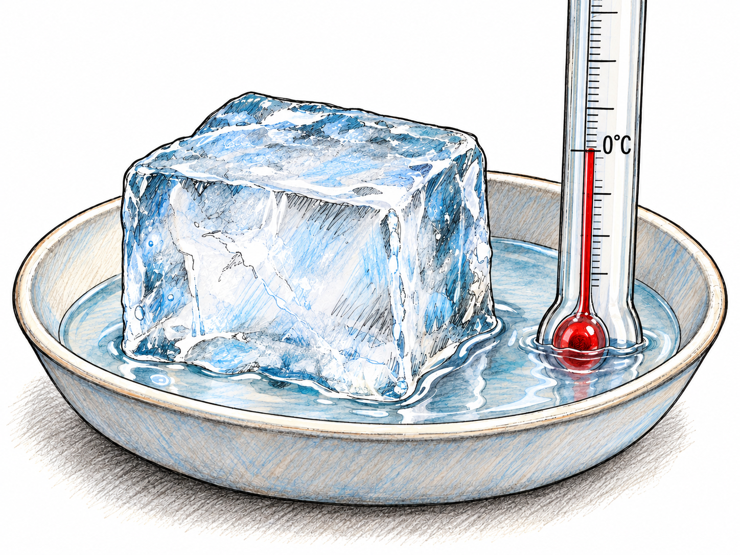 The onset of melting: a block of ice has just begun forming a small puddle, beside a thermometer reading the freezing–melting boundary of 0°C.