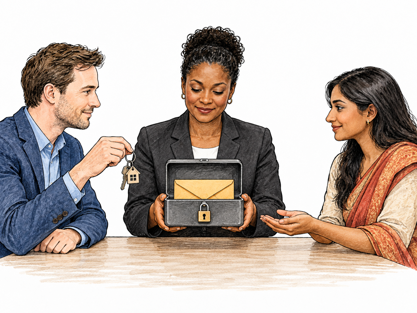 A neutral third-party clerk holds a sealed money envelope in a small locked box between a buyer with house keys and a seller, hands paused until agreed exchange.