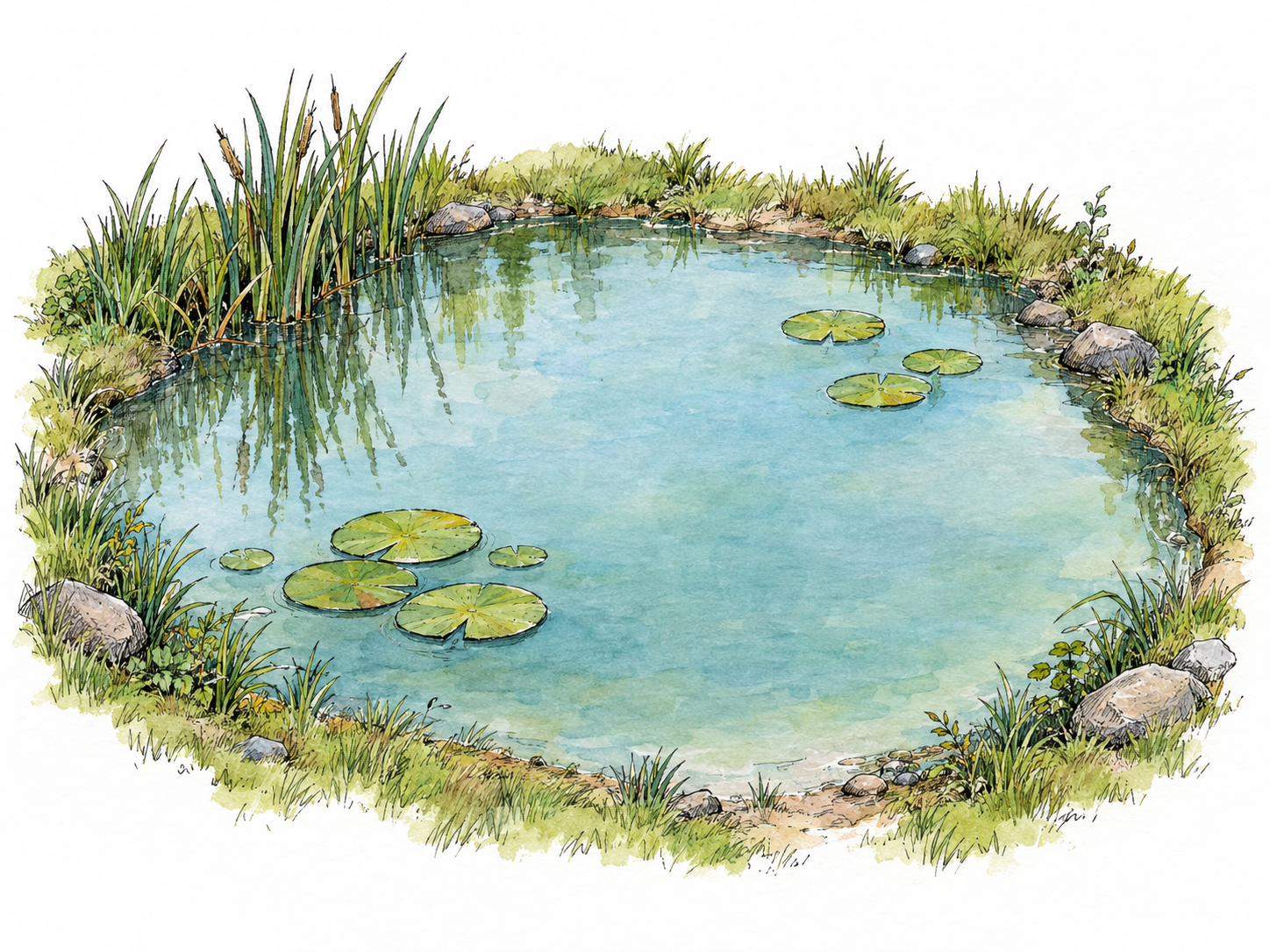 A small, shallow-looking pond with its entire grassy shoreline visible, calm reflective water, a few reeds, and several lily pads.