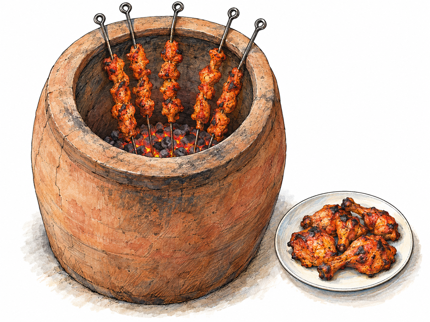 A clay tandoor shown in a slightly elevated view, with skewered chicken cooking inside its open mouth and a small plate of finished, lightly charred chicken beside it, directly connecting the food with its cooking oven.