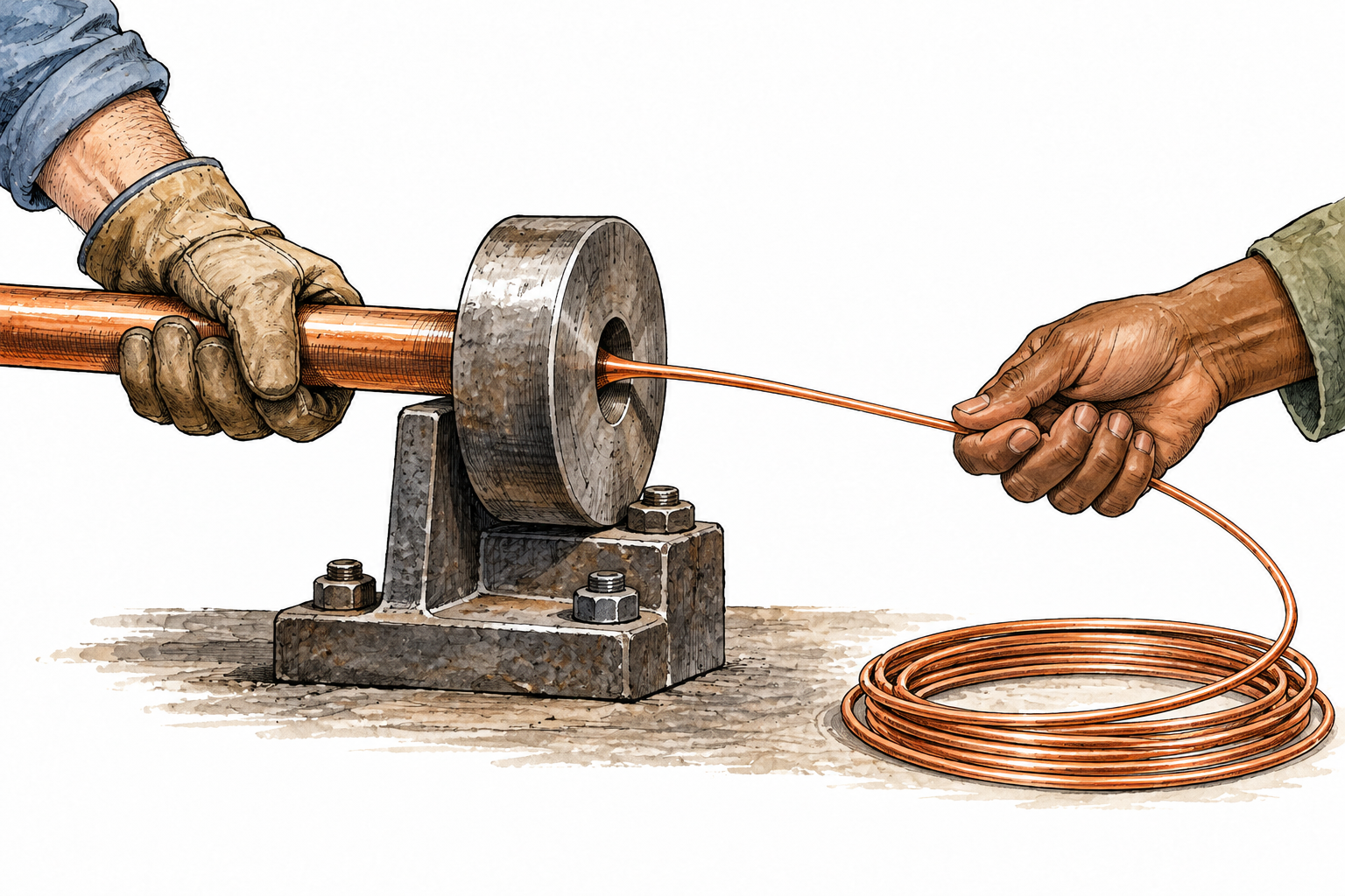 A copper rod is drawn through a die into a long thin unbroken wire, simple technically accurate illustration.