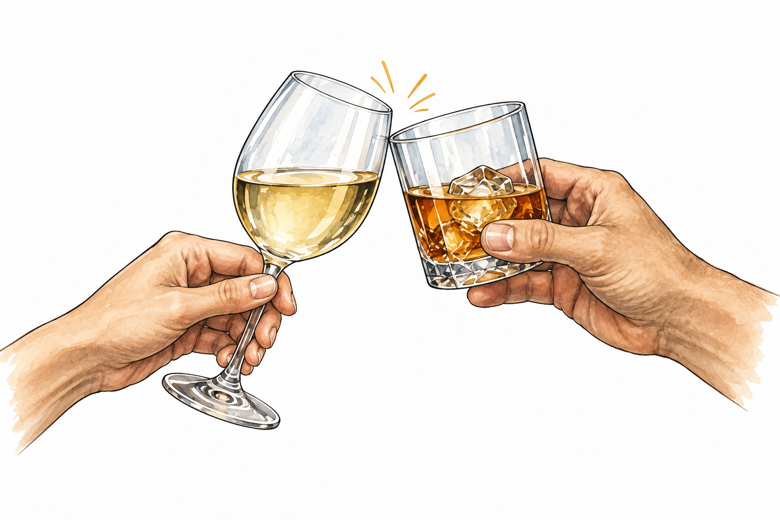 Two drinking glasses gently tap rims with tiny ringing motion marks.