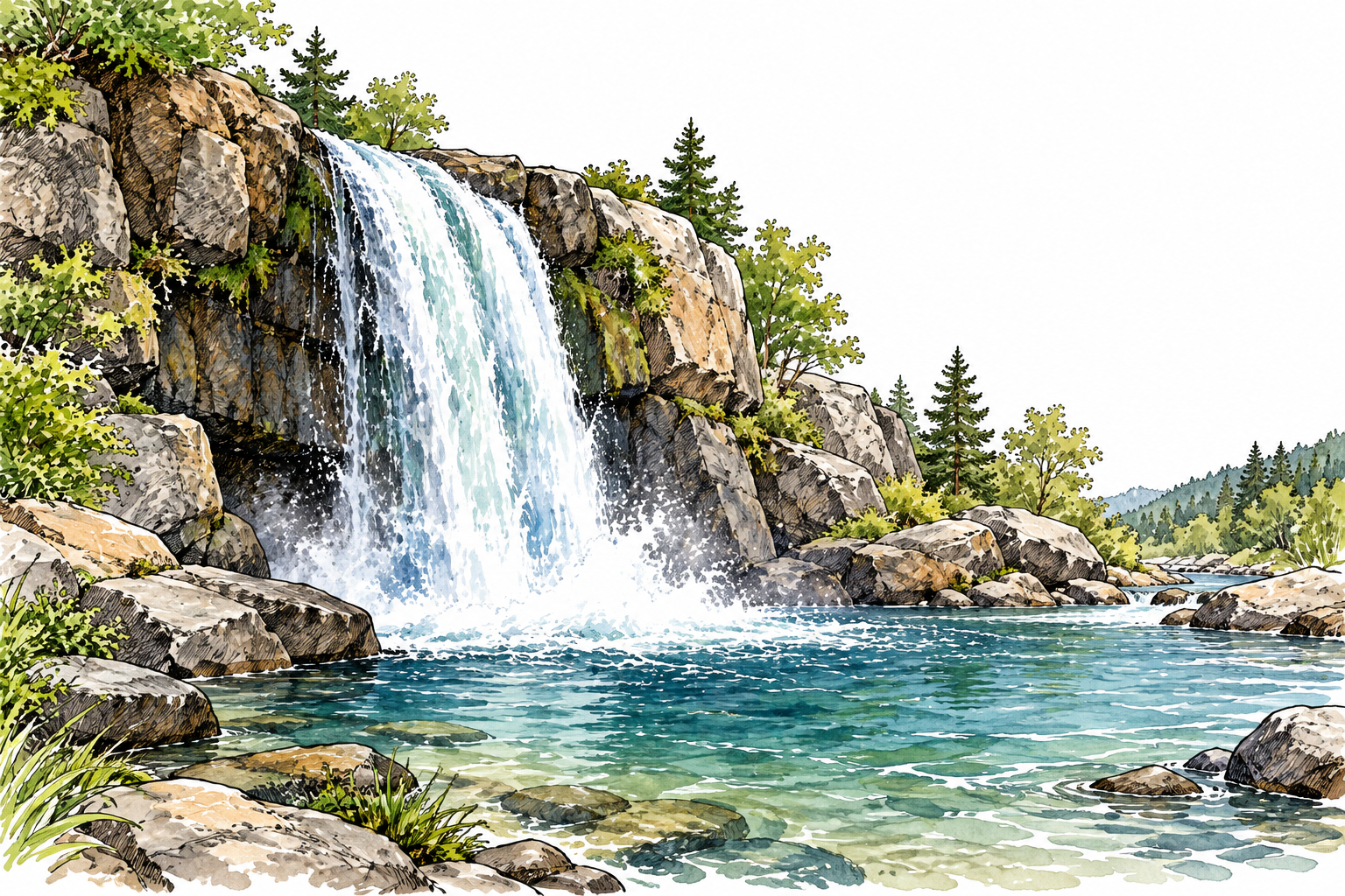A river pours over rocky cliff into a pool, clear continuous falling water, no text.